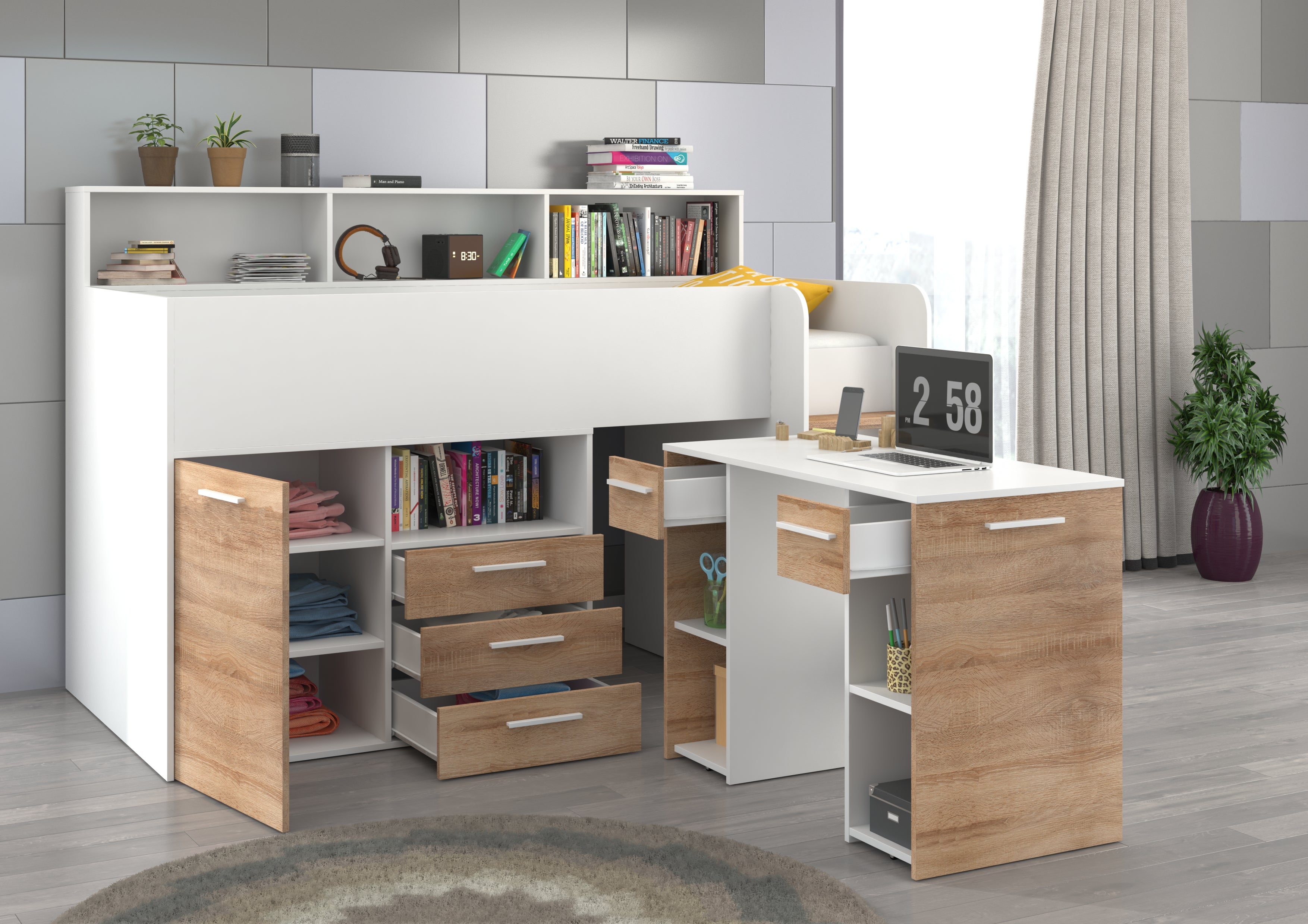 Etagenbett NE-P mit Treppe rechts, Ausziehbarer Schreibtisch und Doppel Schrank