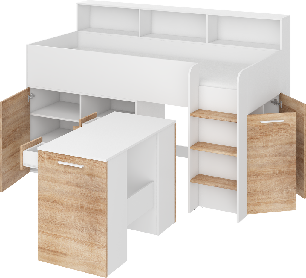 Etagenbett NE-P mit Treppe rechts, Ausziehbarer Schreibtisch und Doppel Schrank