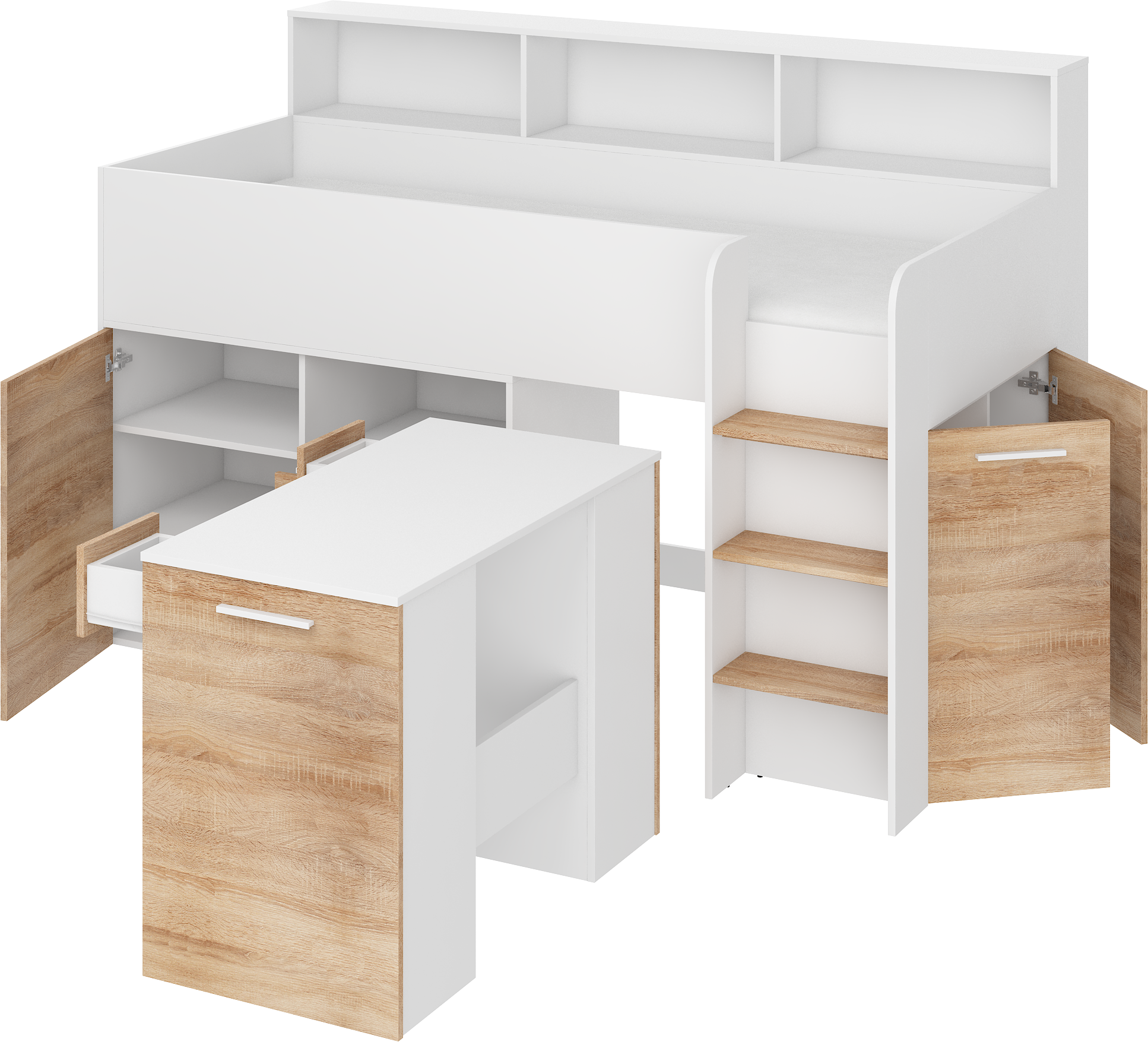 Etagenbett NE-P mit Treppe rechts, Ausziehbarer Schreibtisch und Doppel Schrank