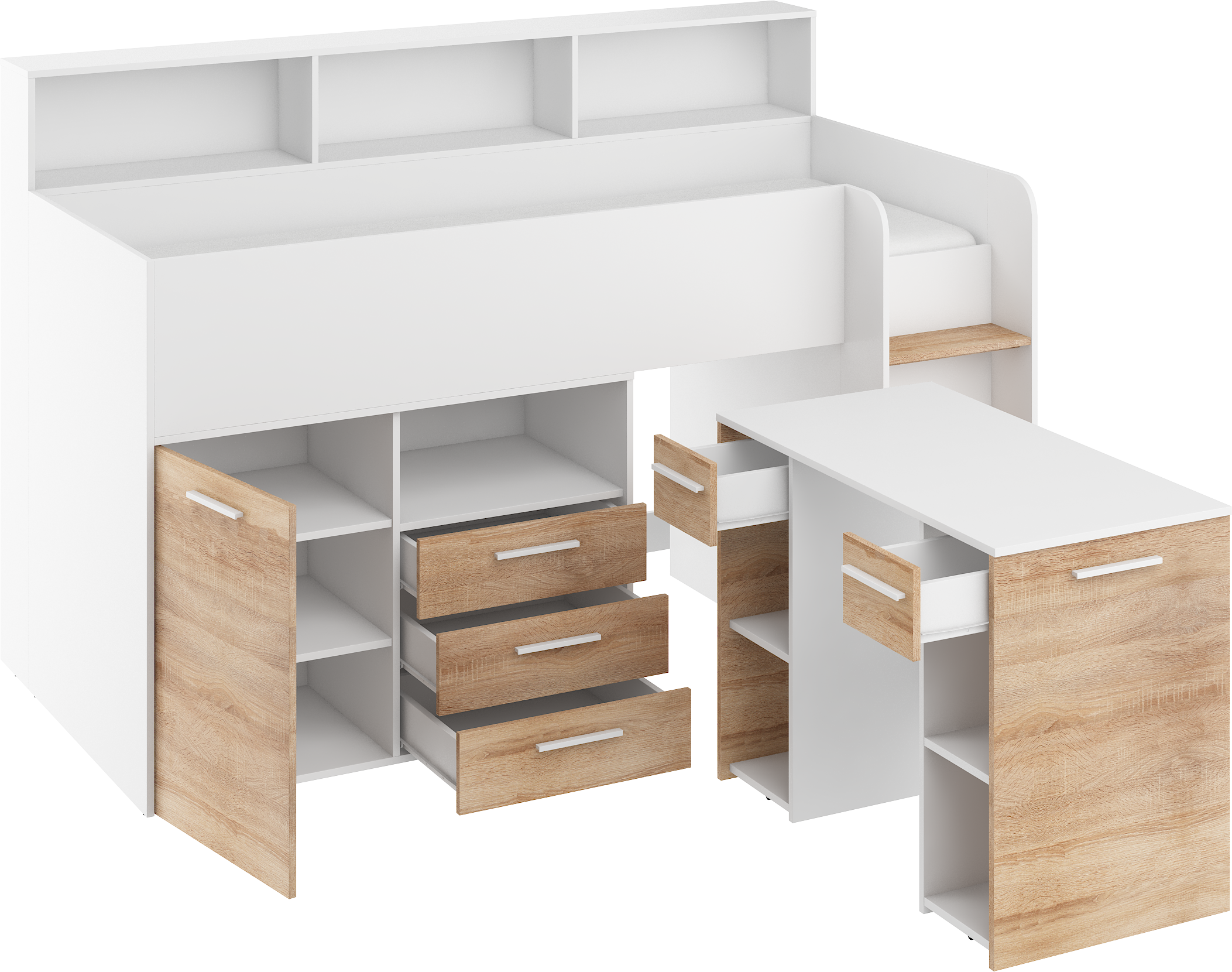 Etagenbett NE-P mit Treppe rechts, Ausziehbarer Schreibtisch und Doppel Schrank