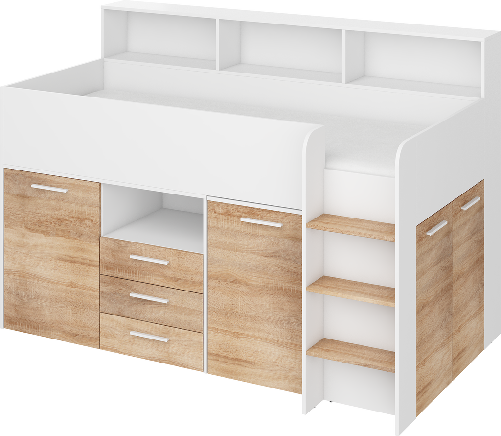 Etagenbett NE-P mit Treppe rechts, Ausziehbarer Schreibtisch und Doppel Schrank