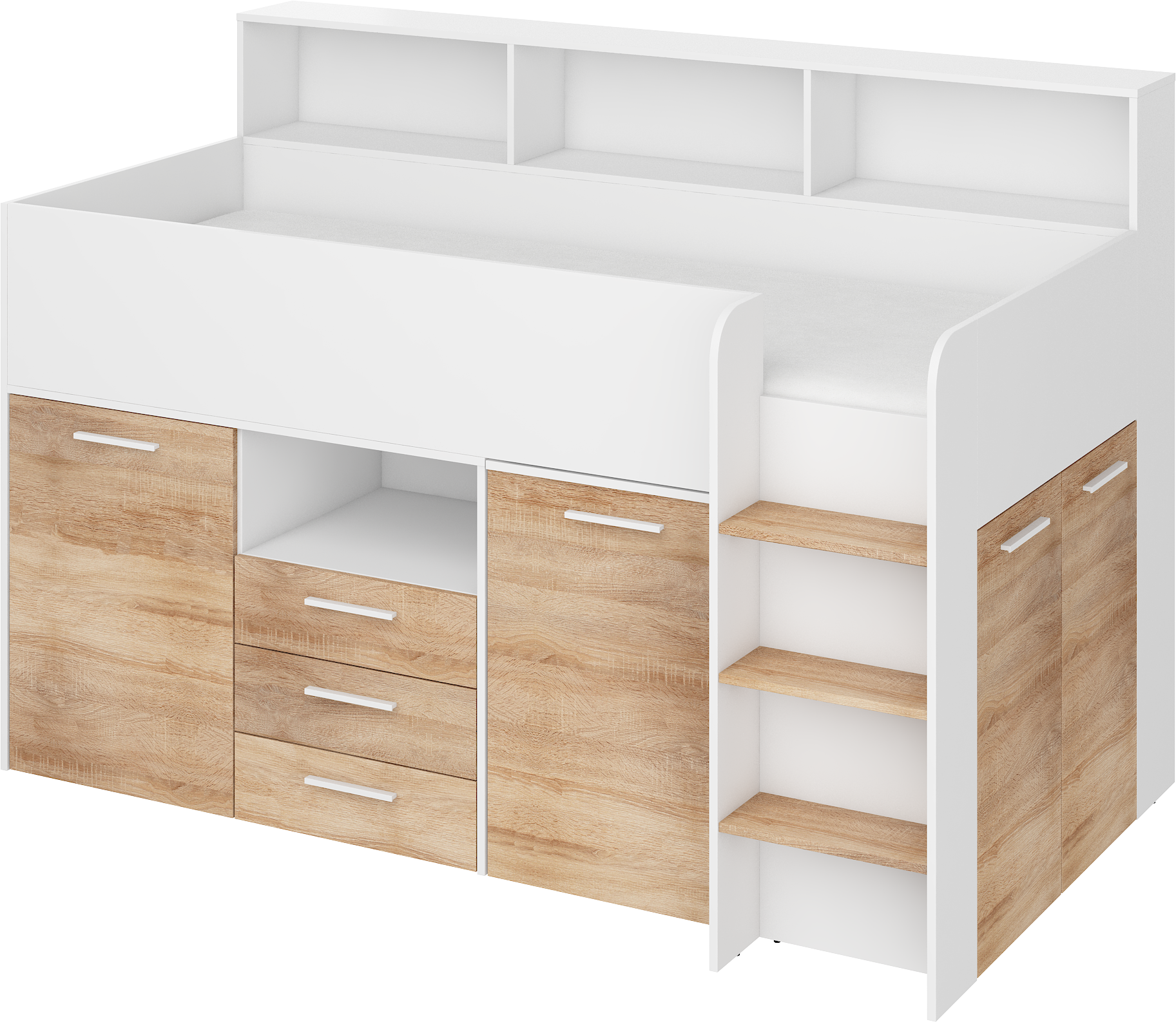 Etagenbett NE-P mit Treppe rechts, Ausziehbarer Schreibtisch und Doppel Schrank