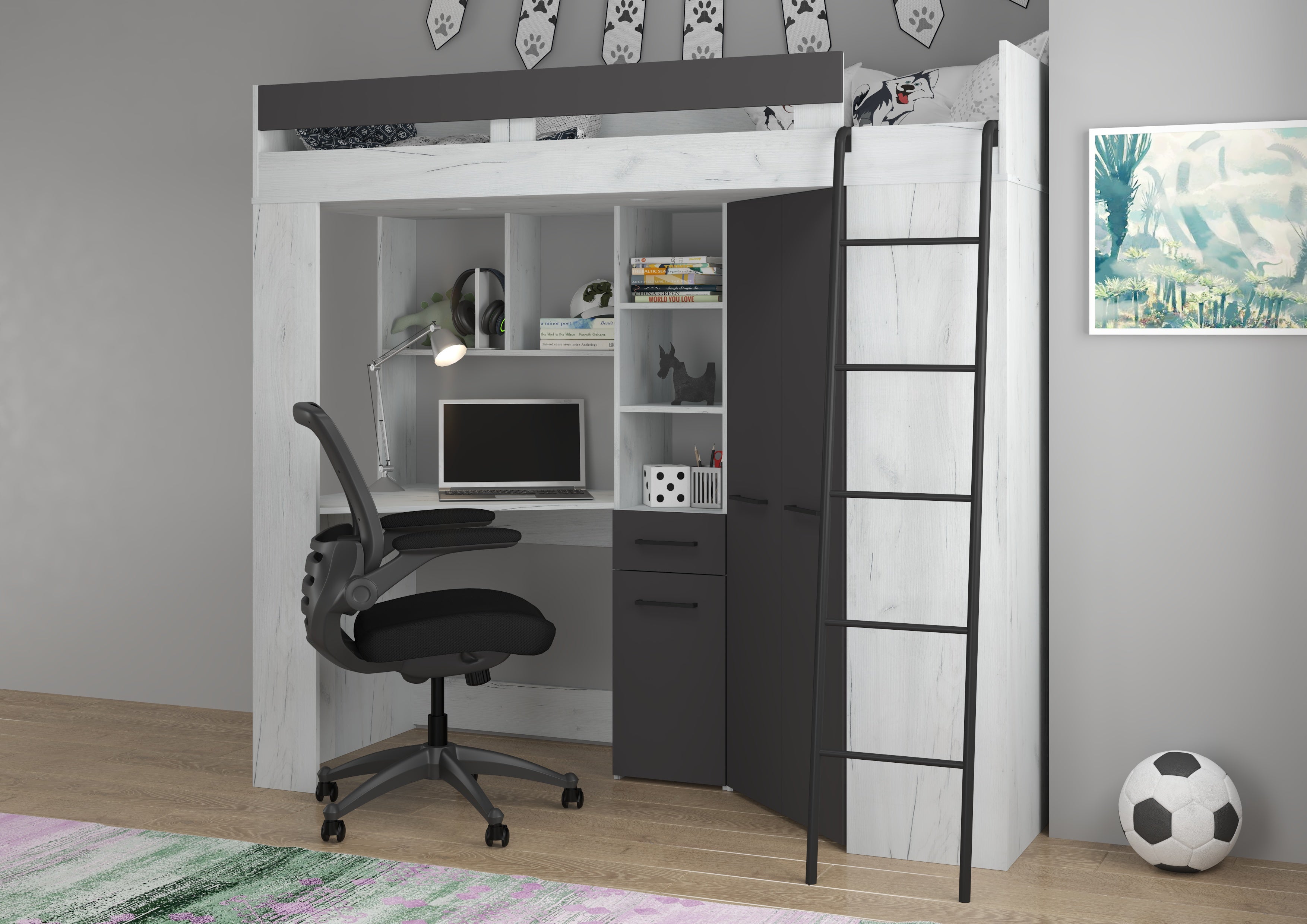 Etagenbett FLO-P mit Leiter Rechts, Eckkleiderschrank und Schreibtisch