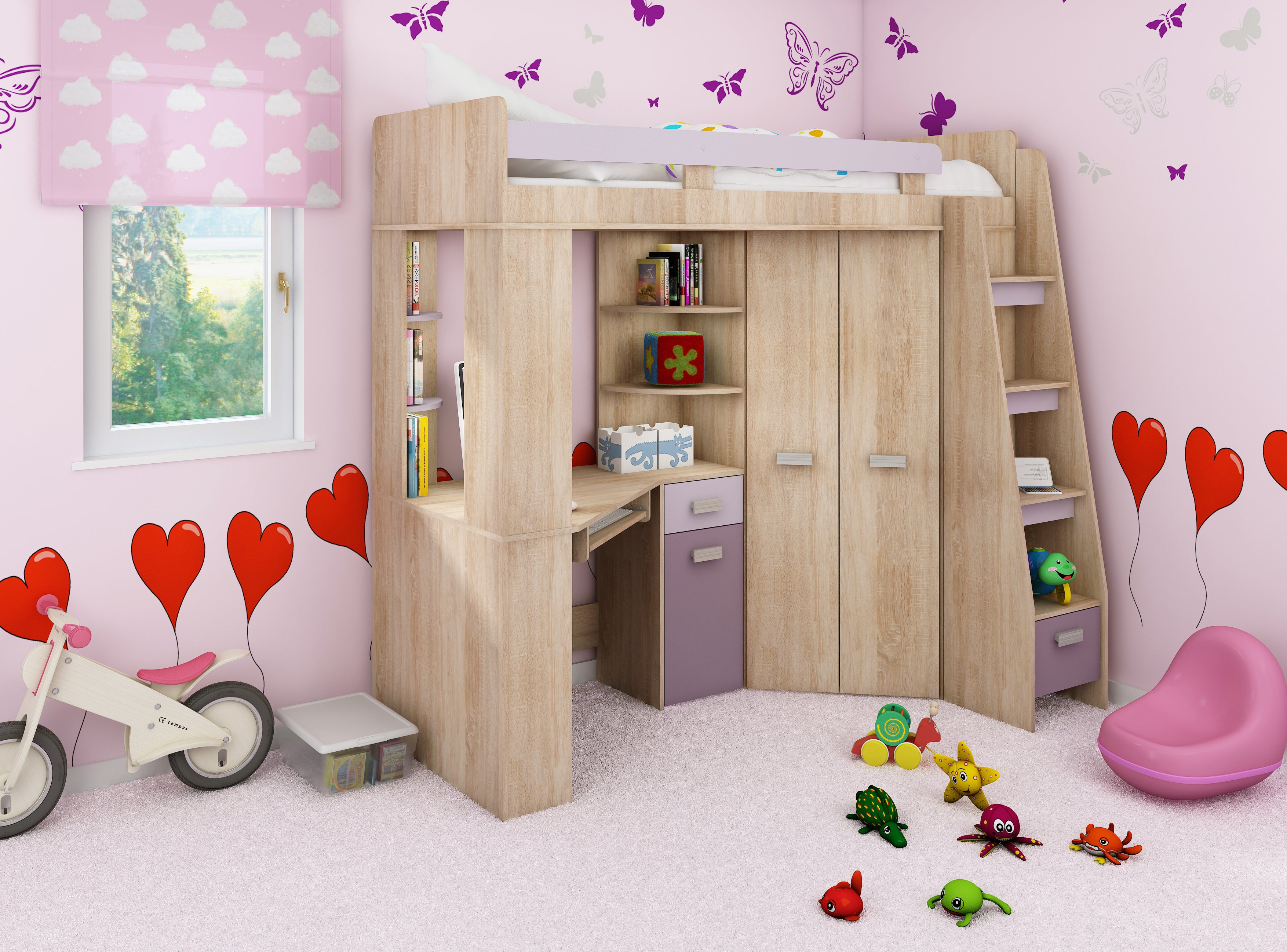 Etagenbett ANT-P mit funktionaler Treppe Rechts, Eckkleiderschrank und Schreibtisch