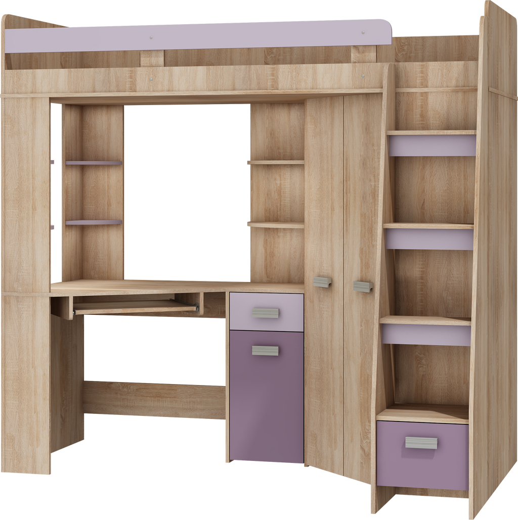 Etagenbett ANT-P mit funktionaler Treppe Rechts, Eckkleiderschrank und Schreibtisch