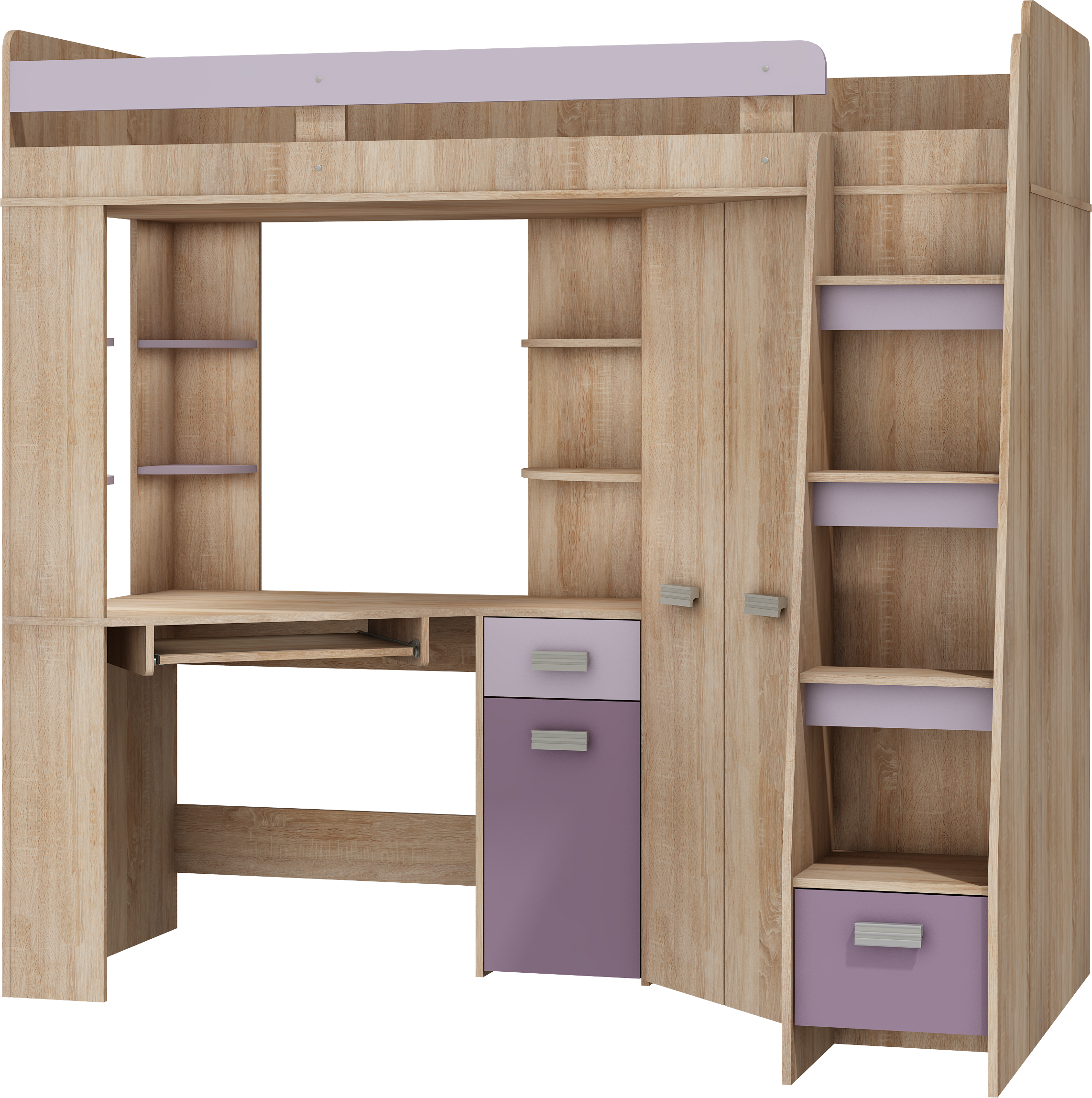 Etagenbett ANT-P mit funktionaler Treppe Rechts, Eckkleiderschrank und Schreibtisch