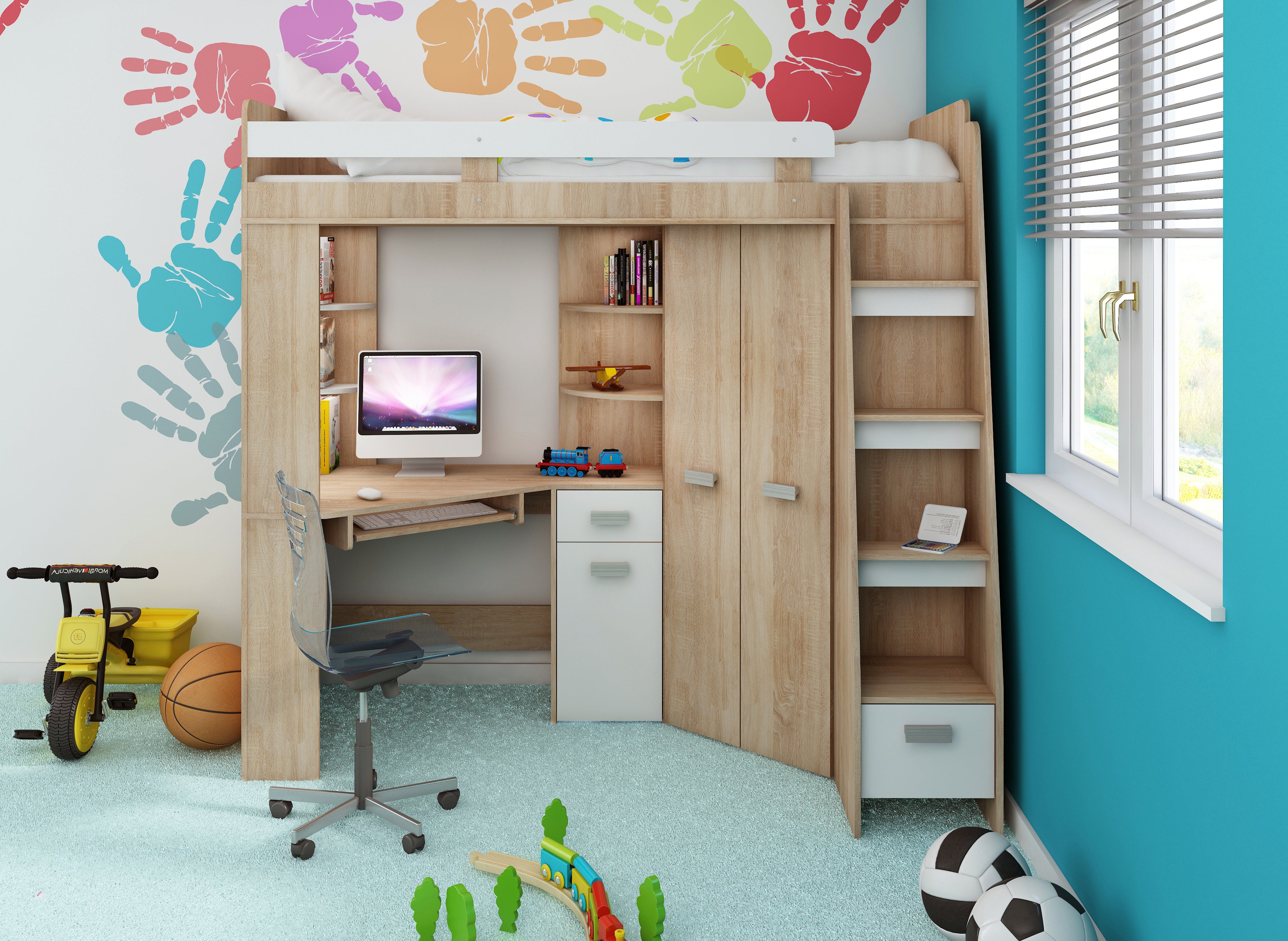 Etagenbett ANT-P mit funktionaler Treppe Rechts, Eckkleiderschrank und Schreibtisch