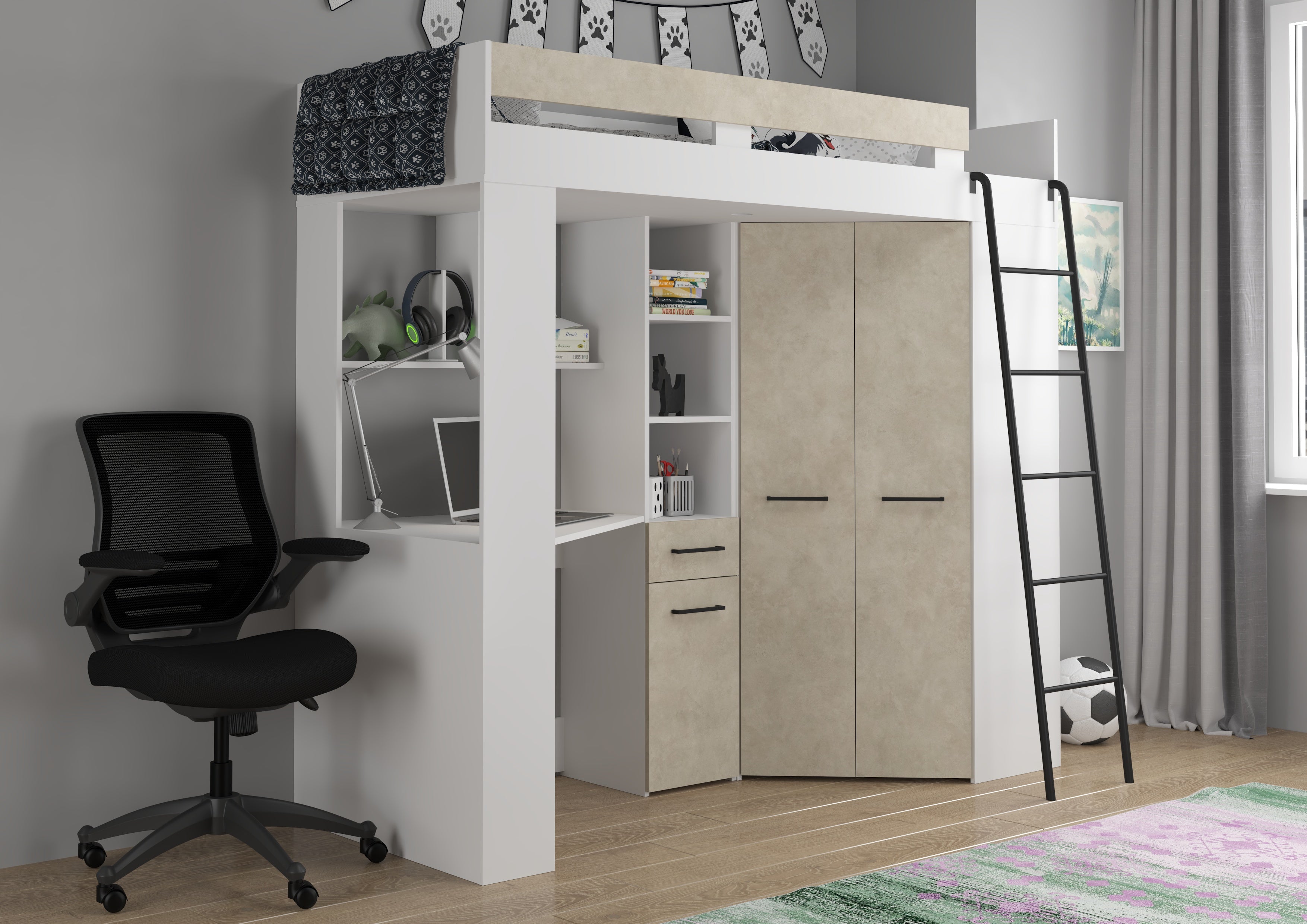 Etagenbett FLO-P mit Leiter Rechts, Eckkleiderschrank und Schreibtisch