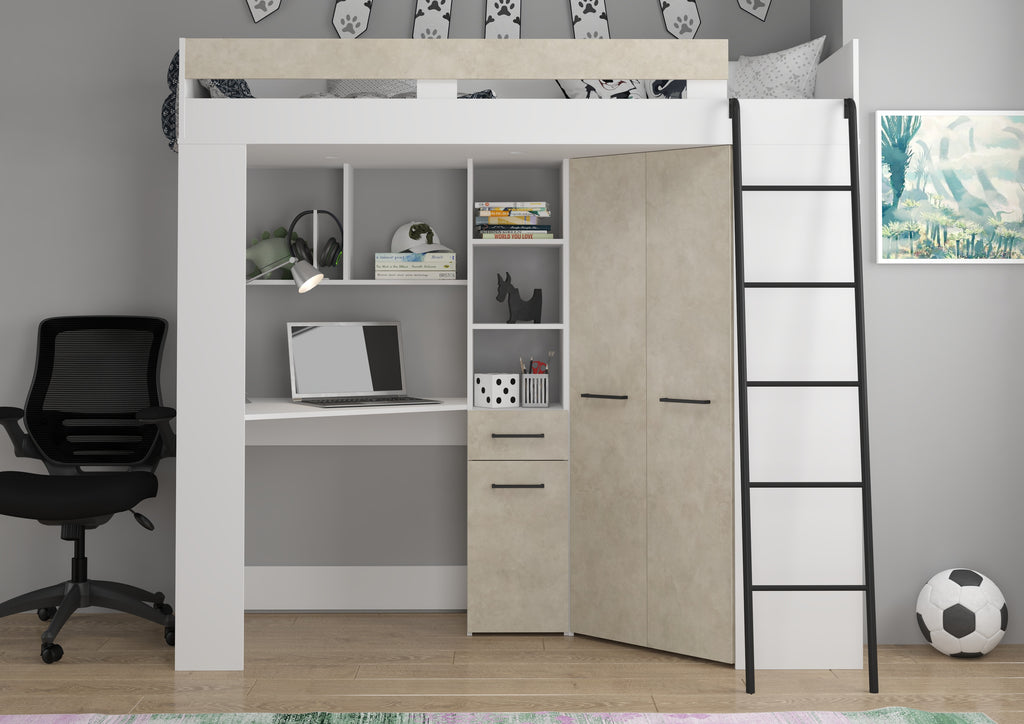 Etagenbett FLO-P mit Leiter Rechts, Eckkleiderschrank und Schreibtisch