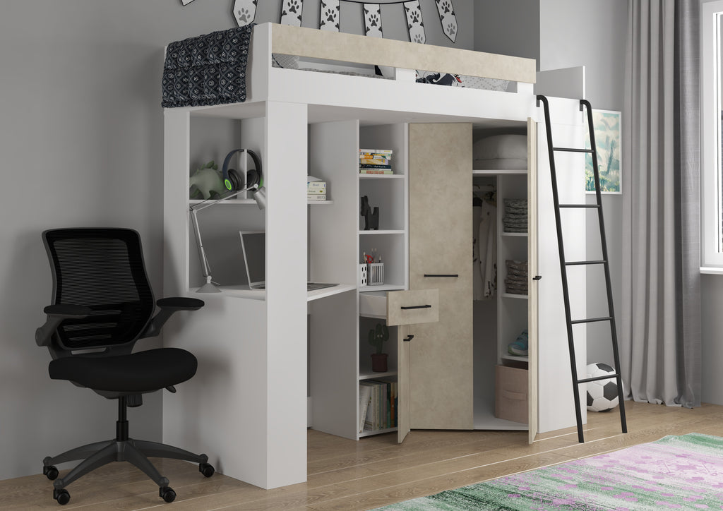 Etagenbett FLO-P mit Leiter Rechts, Eckkleiderschrank und Schreibtisch