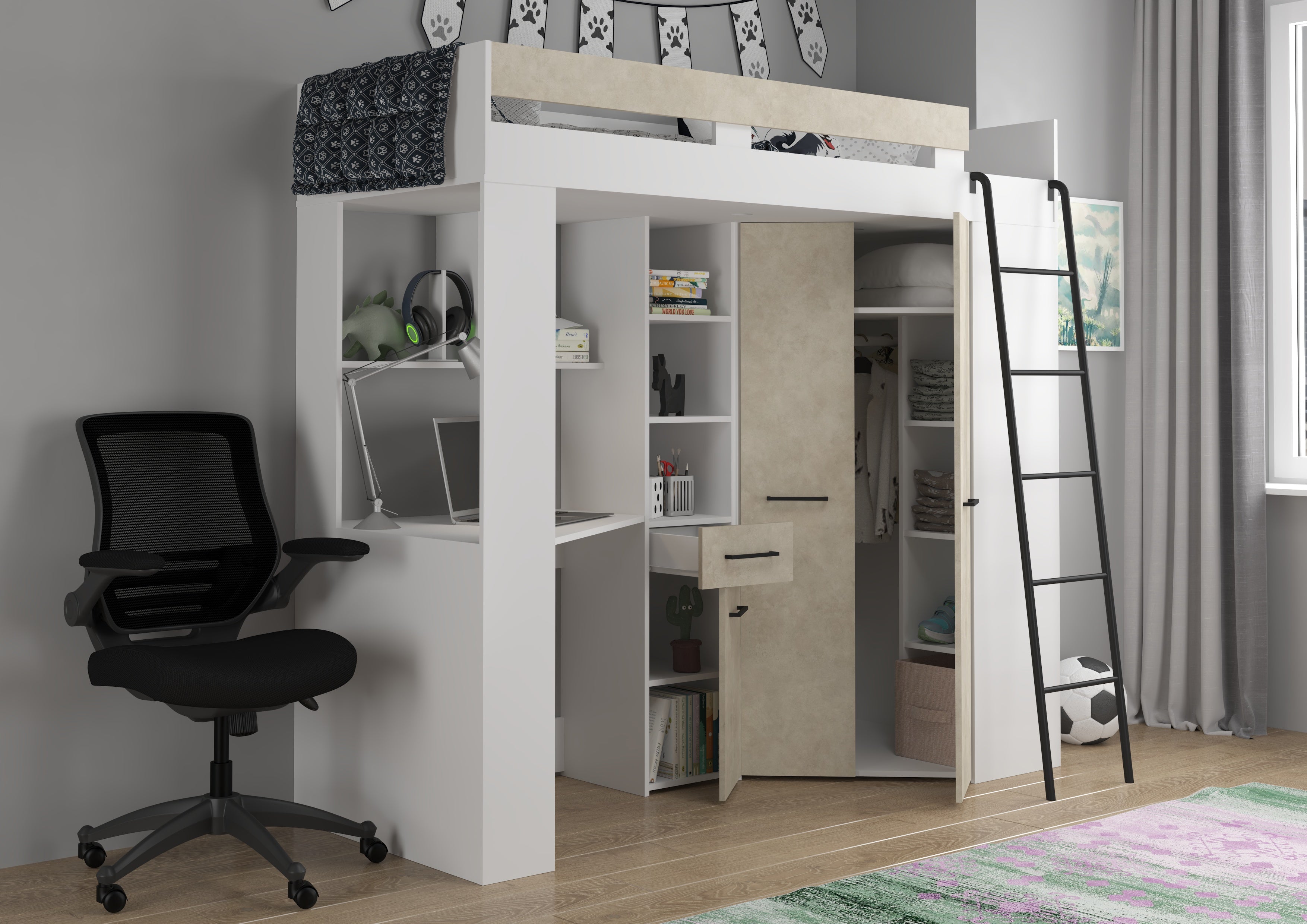 Etagenbett FLO-P mit Leiter Rechts, Eckkleiderschrank und Schreibtisch