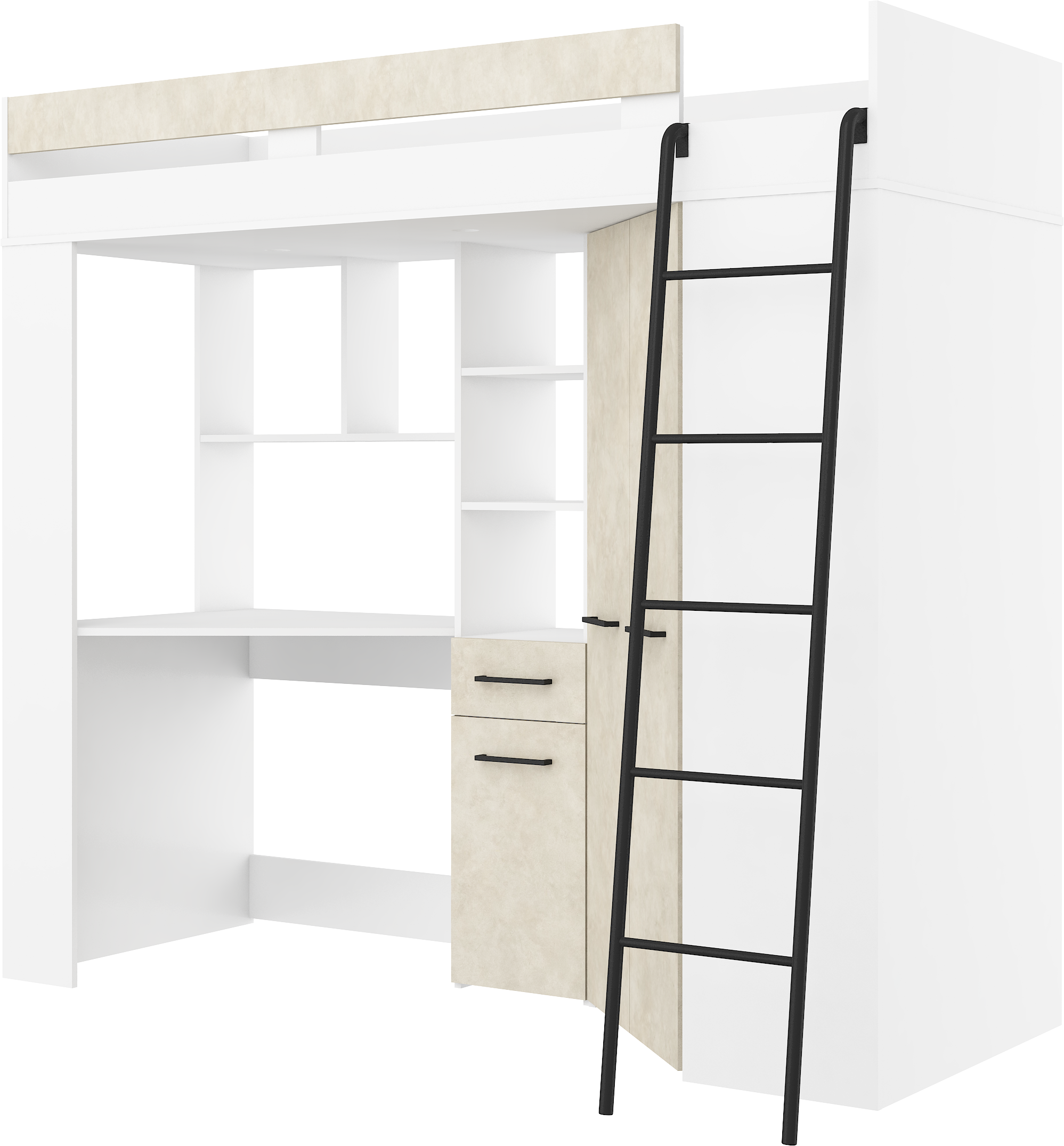 Etagenbett FLO-P mit Leiter Rechts, Eckkleiderschrank und Schreibtisch