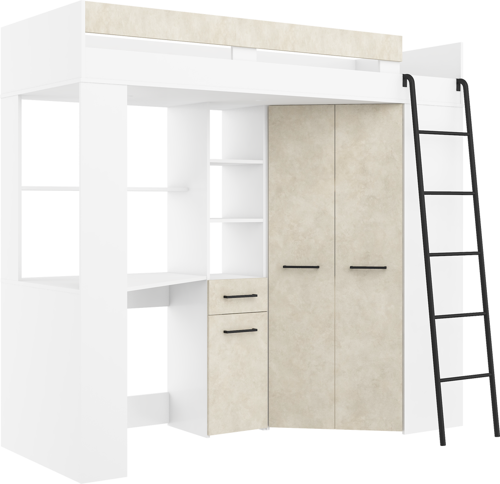 Etagenbett FLO-P mit Leiter Rechts, Eckkleiderschrank und Schreibtisch