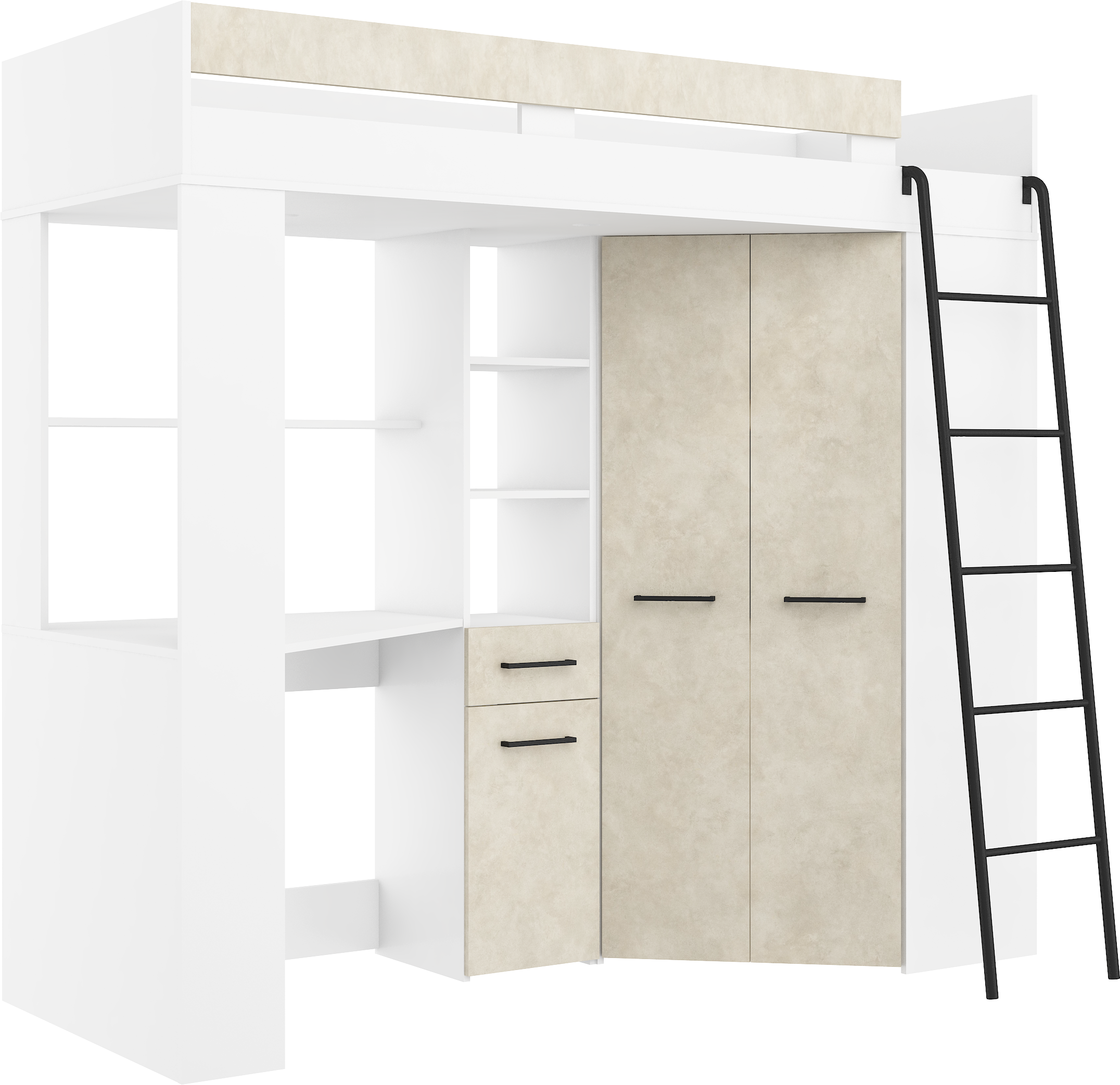 Etagenbett FLO-P mit Leiter Rechts, Eckkleiderschrank und Schreibtisch
