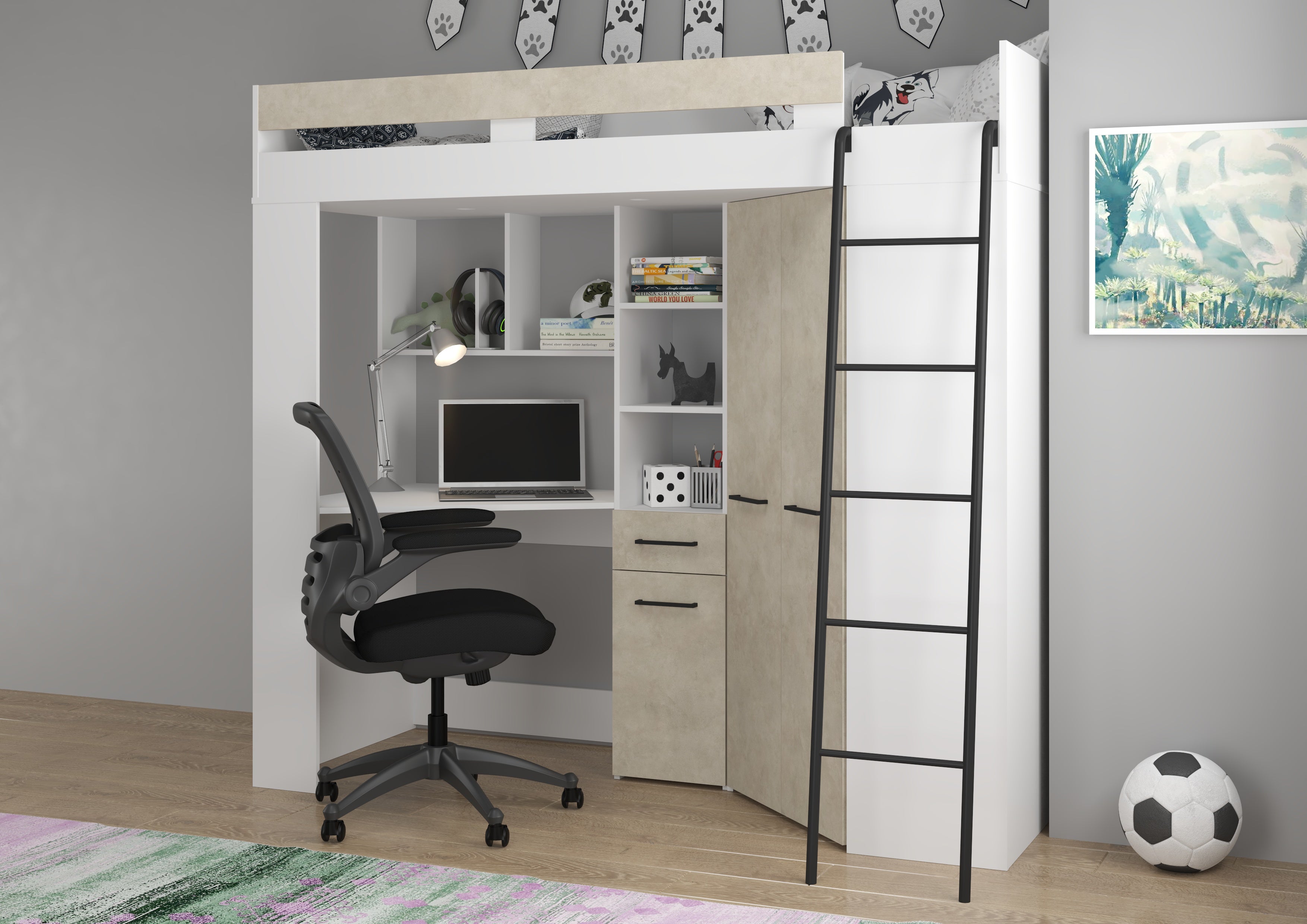 Etagenbett FLO-P mit Leiter Rechts, Eckkleiderschrank und Schreibtisch