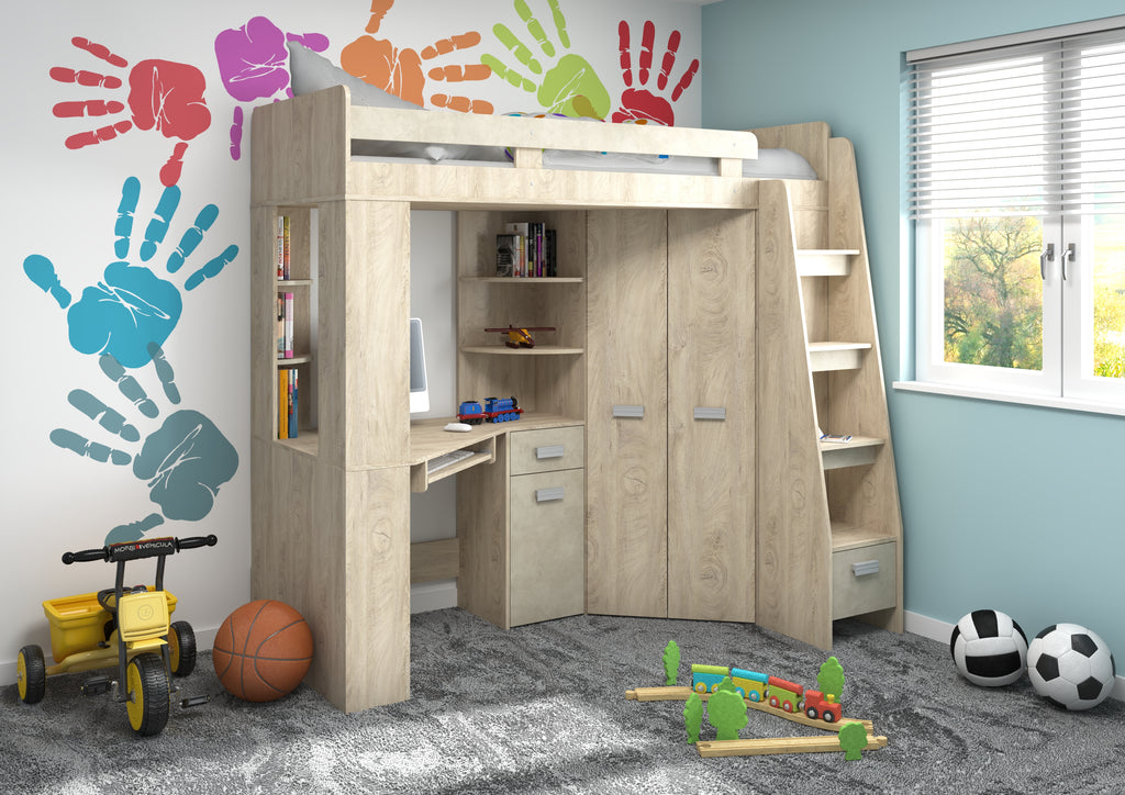 Etagenbett ANT-P mit funktionaler Treppe Rechts, Eckkleiderschrank und Schreibtisch