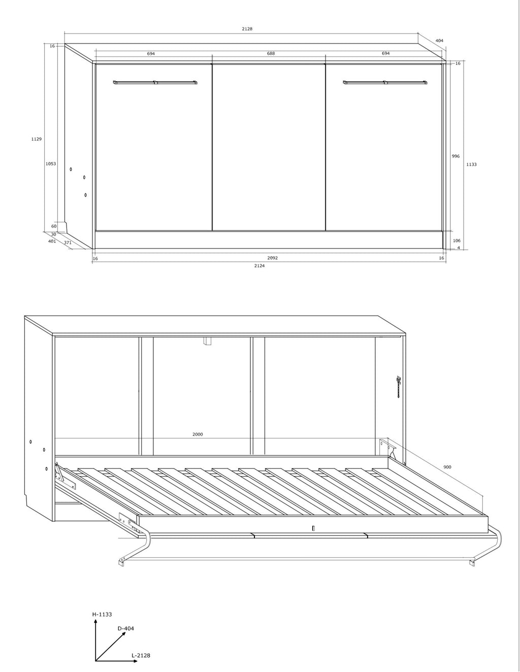 Schrankbett ROG , Schlaffläche 90x200 cm , Farbe wählbar