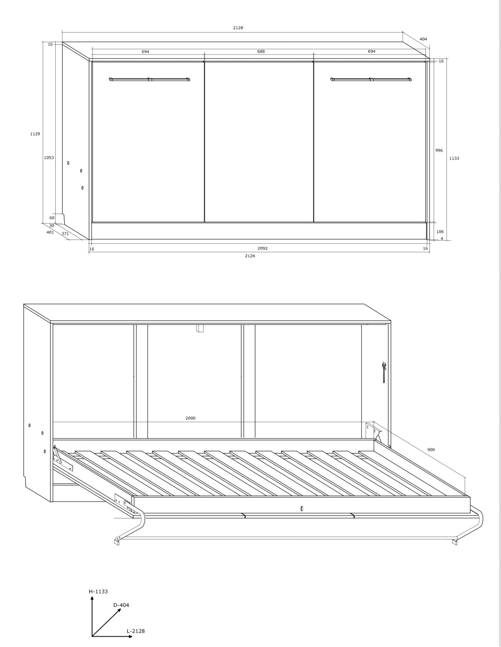 Schrankbett ROG , Schlaffläche 90x200 cm , Farbe wählbar