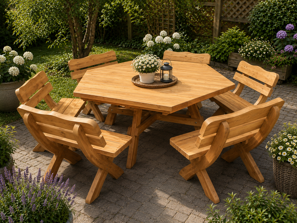 Gartenmöbel AR-12 , Holzgartenmöbel, Tisch mit 6 Bänken, Optional für 12 Personen