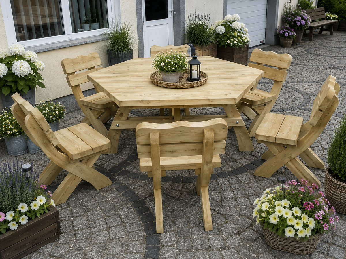 Gartenmöbel AR-6K, Holzgartenmöbel, Tisch mit 6 Sitzstühle, Optional für 6 Personen