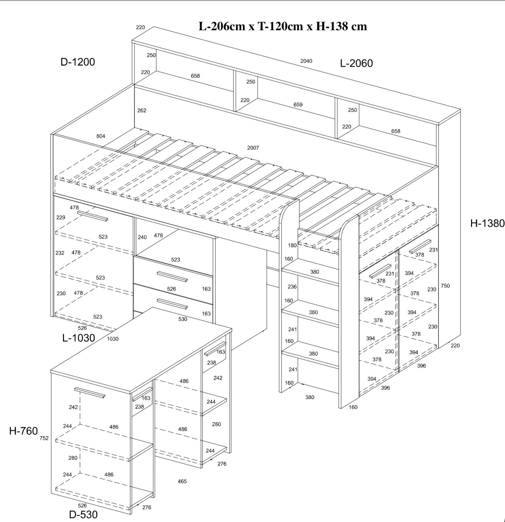 Etagenbett NE-P mit Treppe rechts, Ausziehbarer Schreibtisch und Doppel Schrank