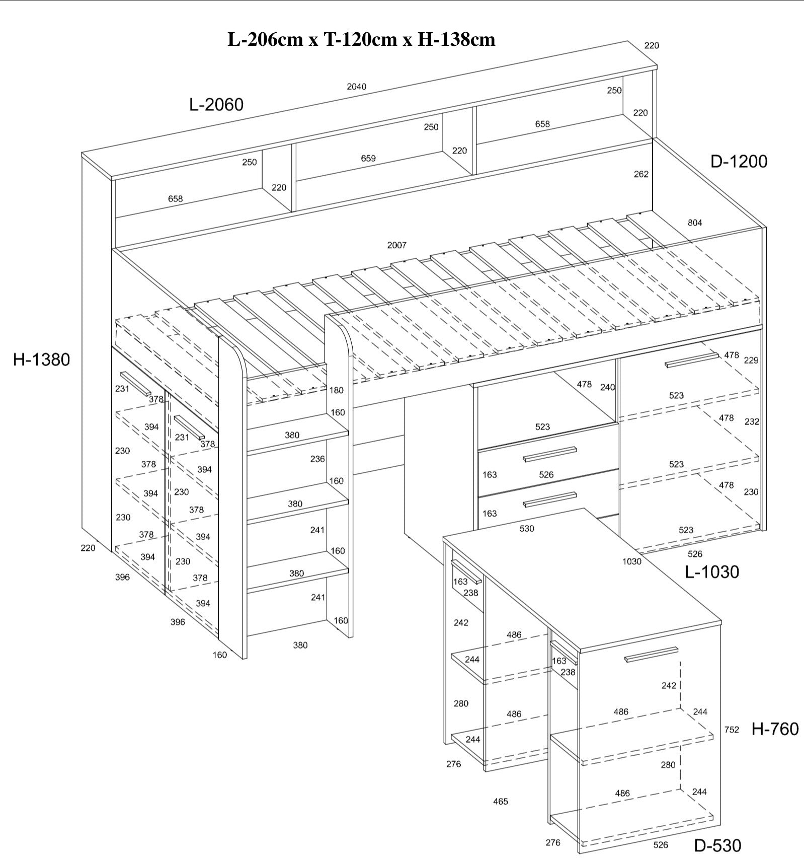 Etagenbett NE-L mit Treppe links, Ausziehbarer Schreibtisch und Doppel Schrank