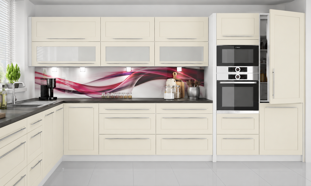 Küchenzeile QU1, L-Form 370x260cm, mit Arbeitsplatte,  Front Farbe Matt, Soft Close System, Farbe wählbar