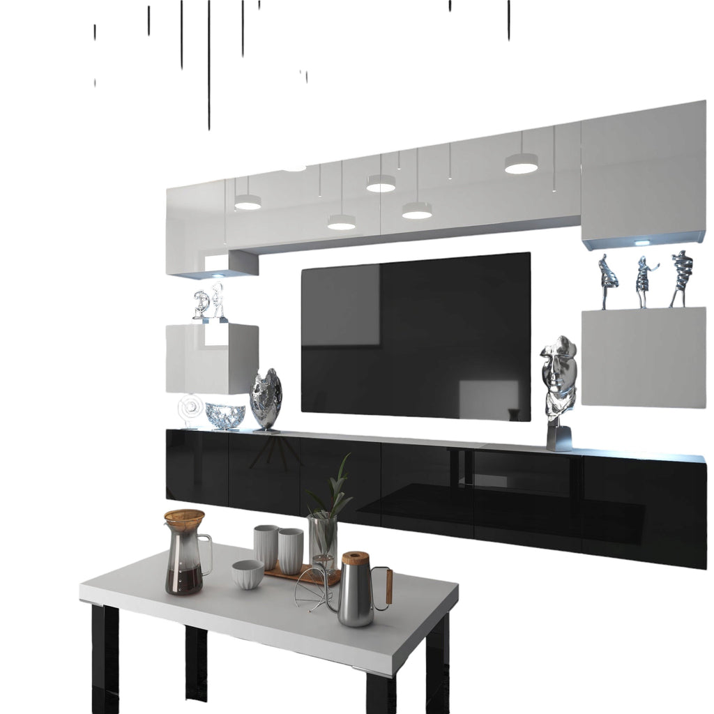 Wohnwand 3 mit LED Beleuchtung, Ohne Griffe. Breite 300 cm, Frontfarbe wählbar