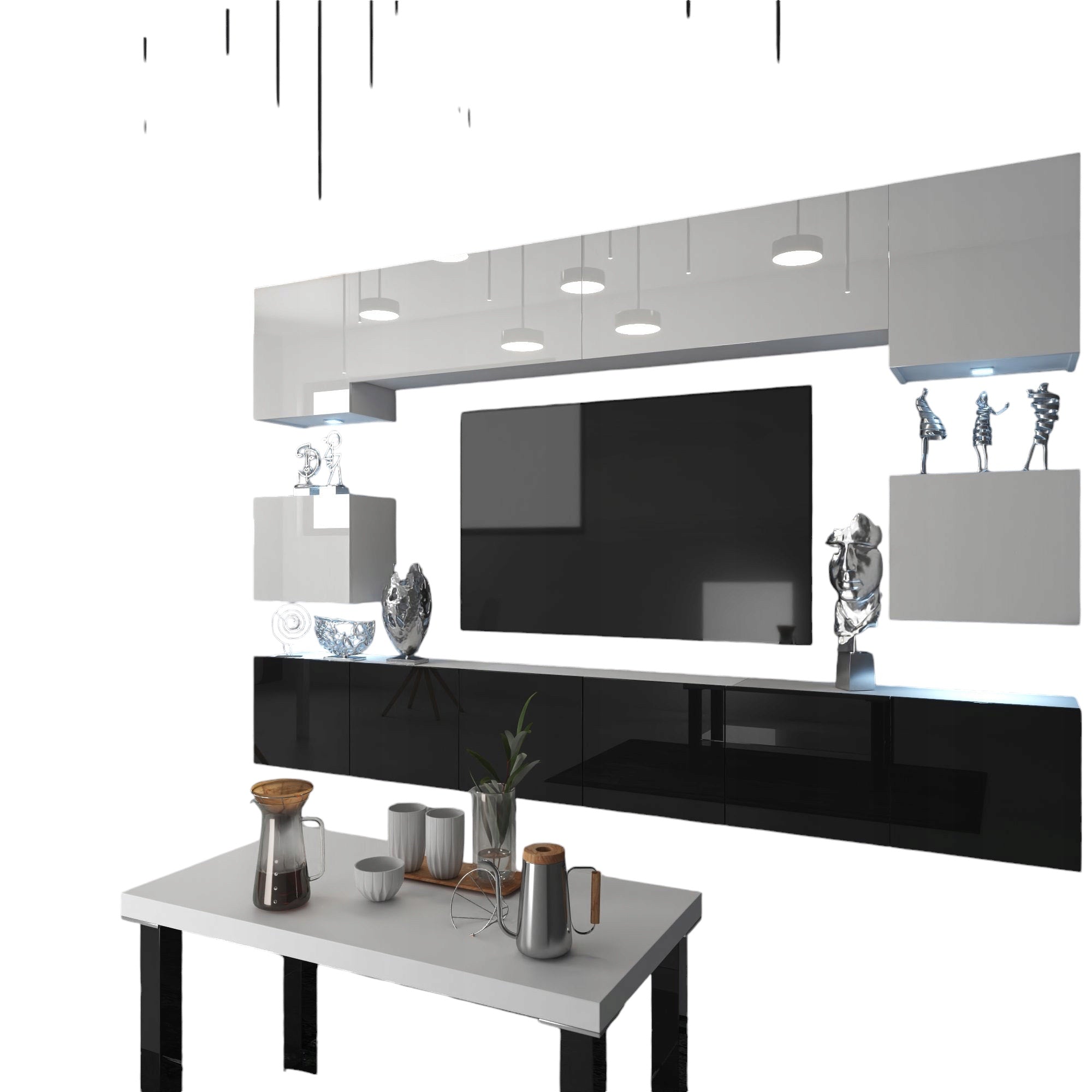 Wohnwand 3 mit LED Beleuchtung, Ohne Griffe. Breite 300 cm, Frontfarbe wählbar