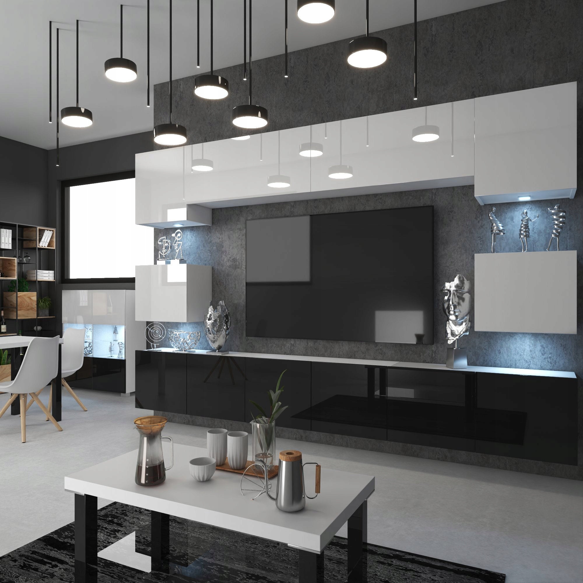 Wohnwand 3 mit LED Beleuchtung, Ohne Griffe. Breite 300 cm, Frontfarbe wählbar