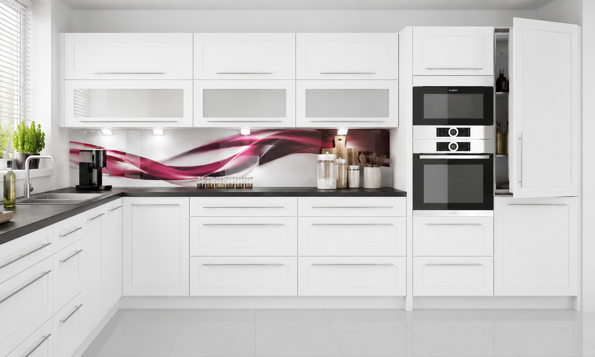 Küchenzeile QU1, L-Form 370x260cm, mit Arbeitsplatte,  Front Farbe Matt, Soft Close System, Farbe wählbar