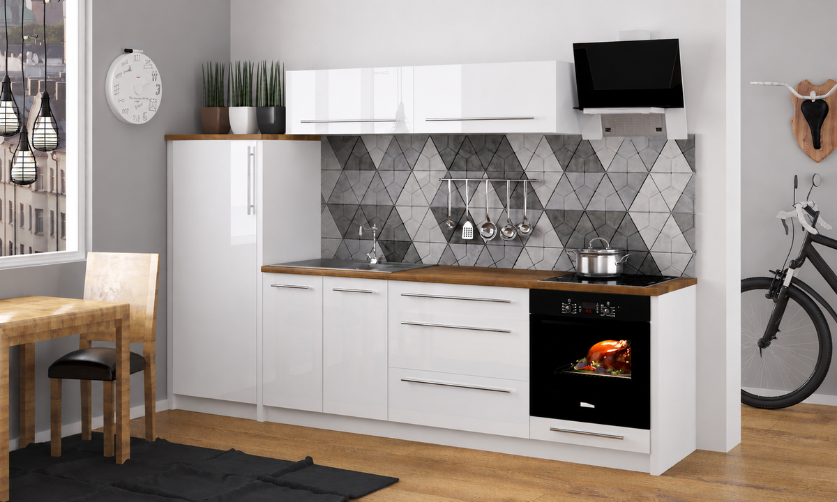 Küchenzeile PL2, Breite 240 cm , mit Arbeitsplatte, Front Hochglanz, Soft Close System, Farbe wählbar