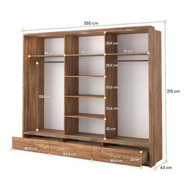 Kleiderschrank A-01, mit Spiegel, LED-Beleuchtung und Schubladen. Farbe wählbar