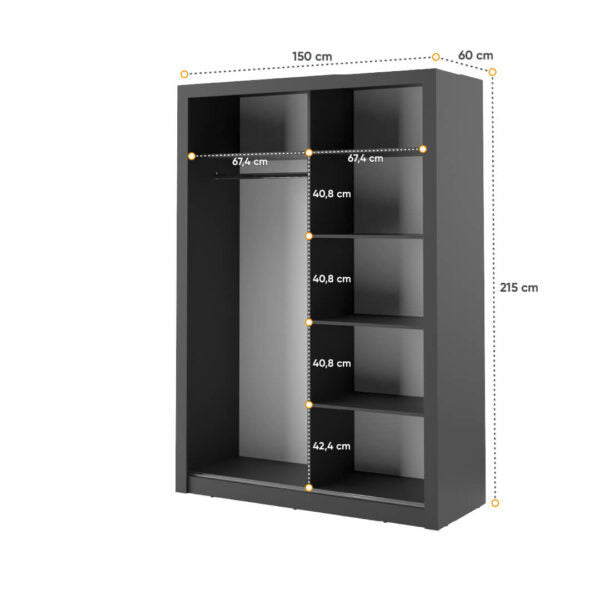 Kleiderschrank A-04, Schwebetürenschrank mit Spiegel. Breite 150 cm. Farbe wählbar