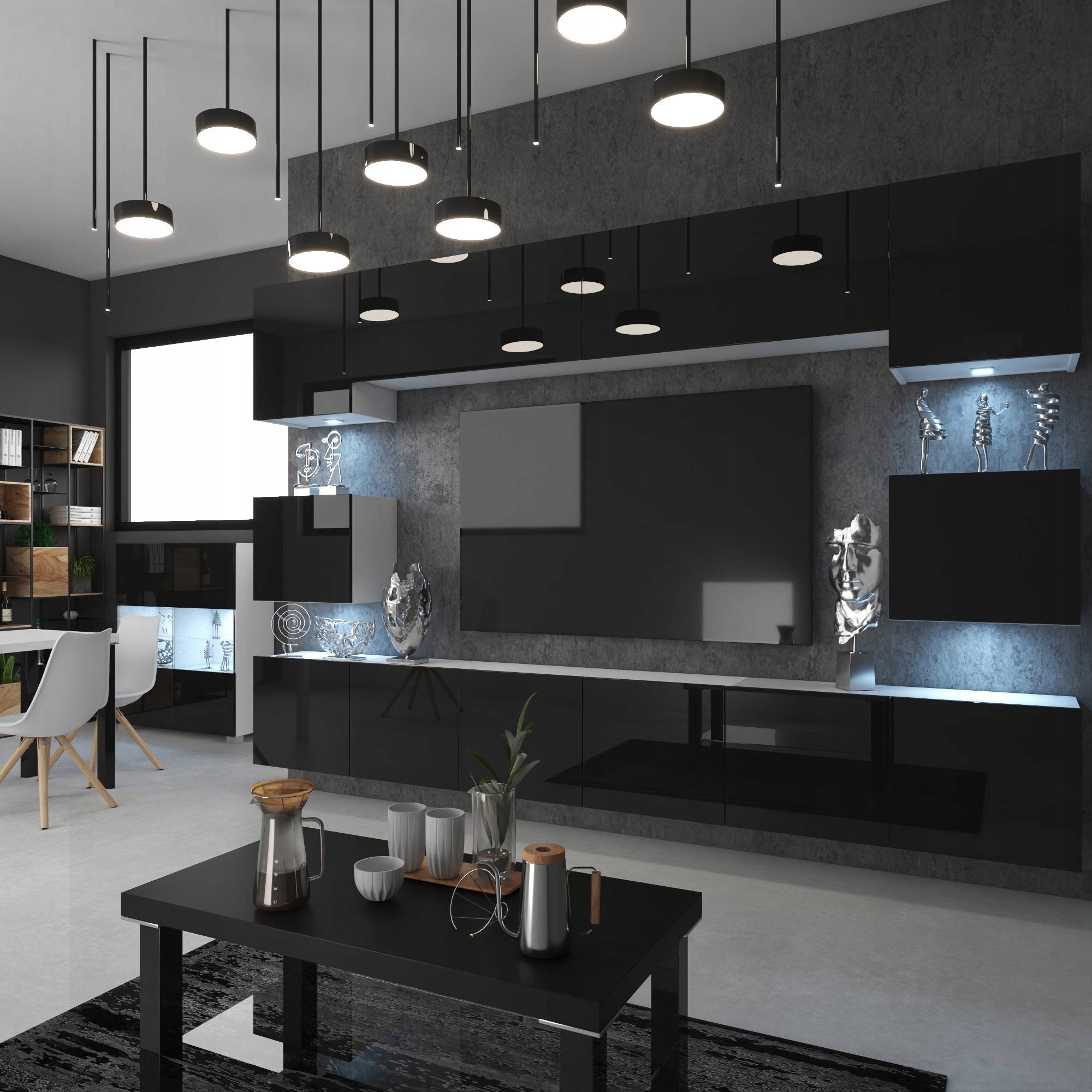 Wohnwand 3 mit LED Beleuchtung, Ohne Griffe. Breite 300 cm, Frontfarbe wählbar