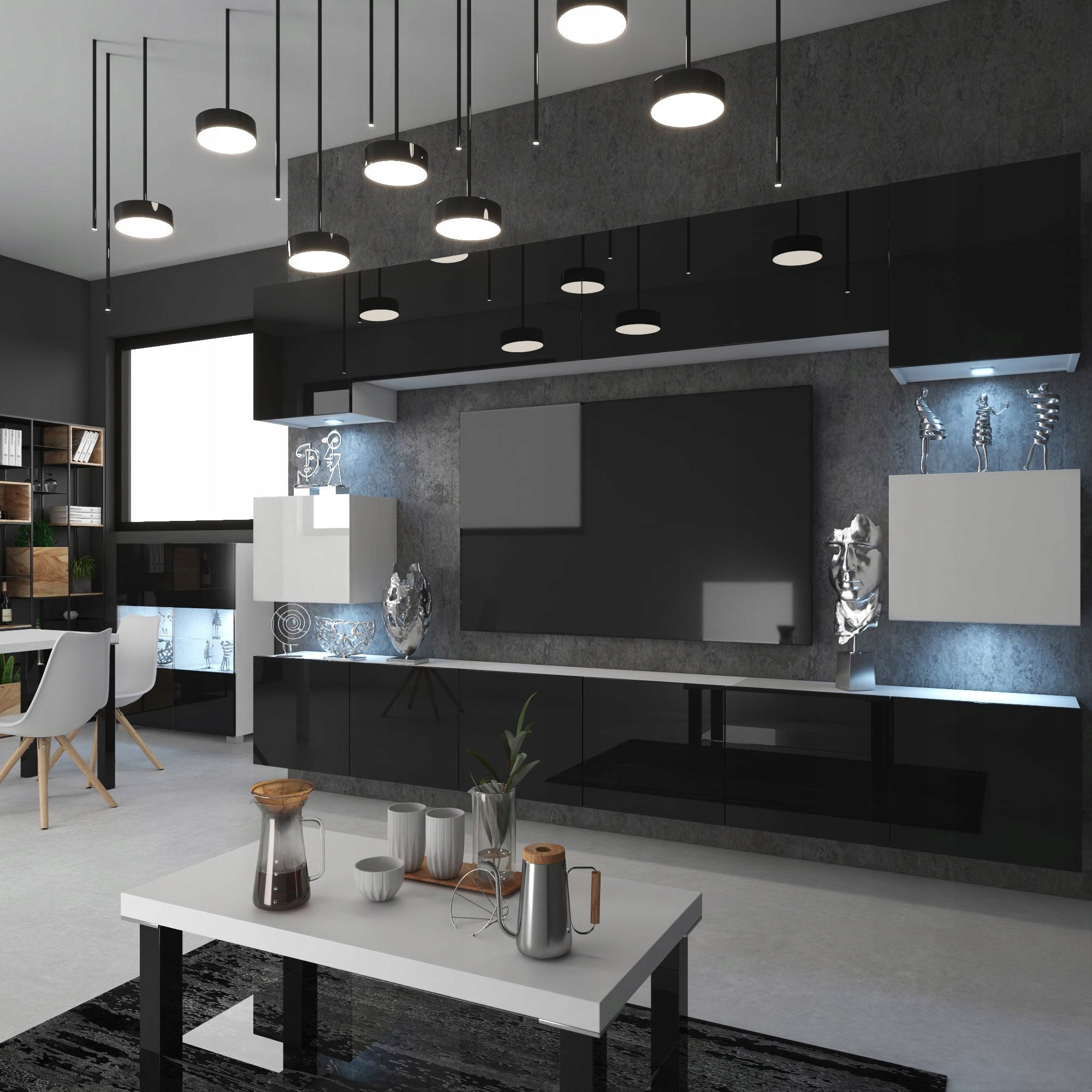 Wohnwand 3 mit LED Beleuchtung, Ohne Griffe. Breite 300 cm, Frontfarbe wählbar