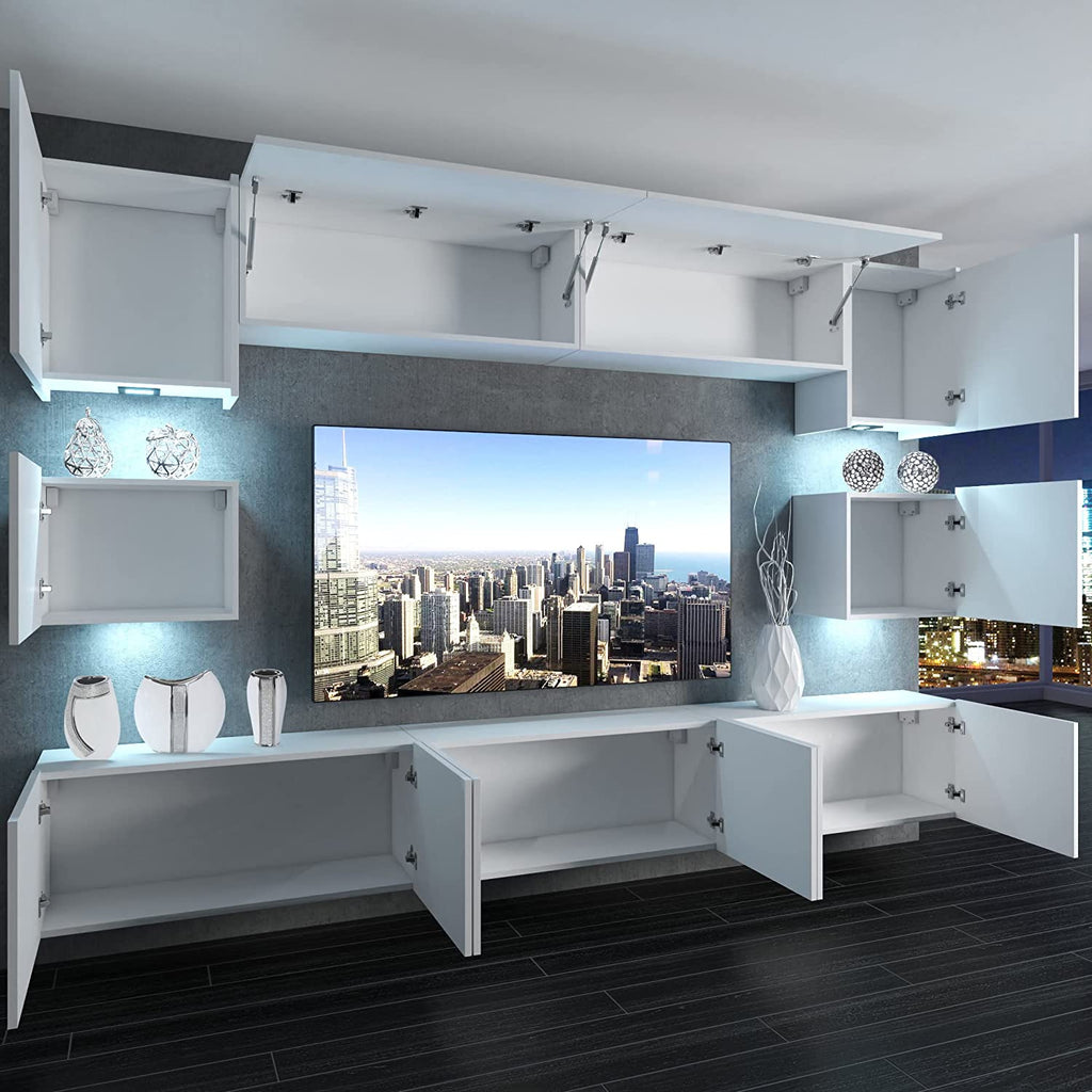Wohnwand 3 mit LED Beleuchtung, Ohne Griffe. Breite 300 cm, Frontfarbe wählbar