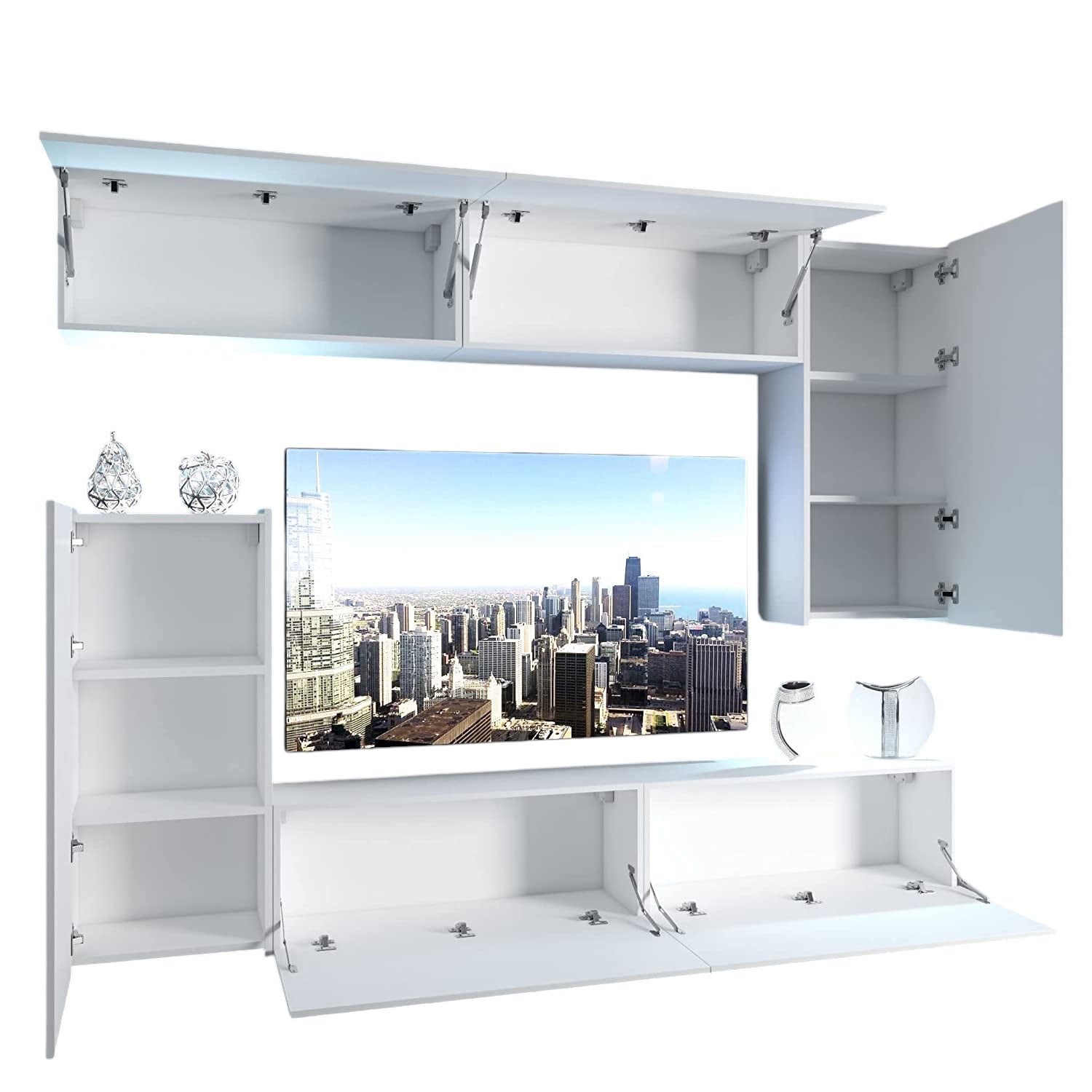 Wohnwand 8W/B mit LED Beleuchtung, Ohne Griffe. Breite 250 cm, Front Farbe wählbar