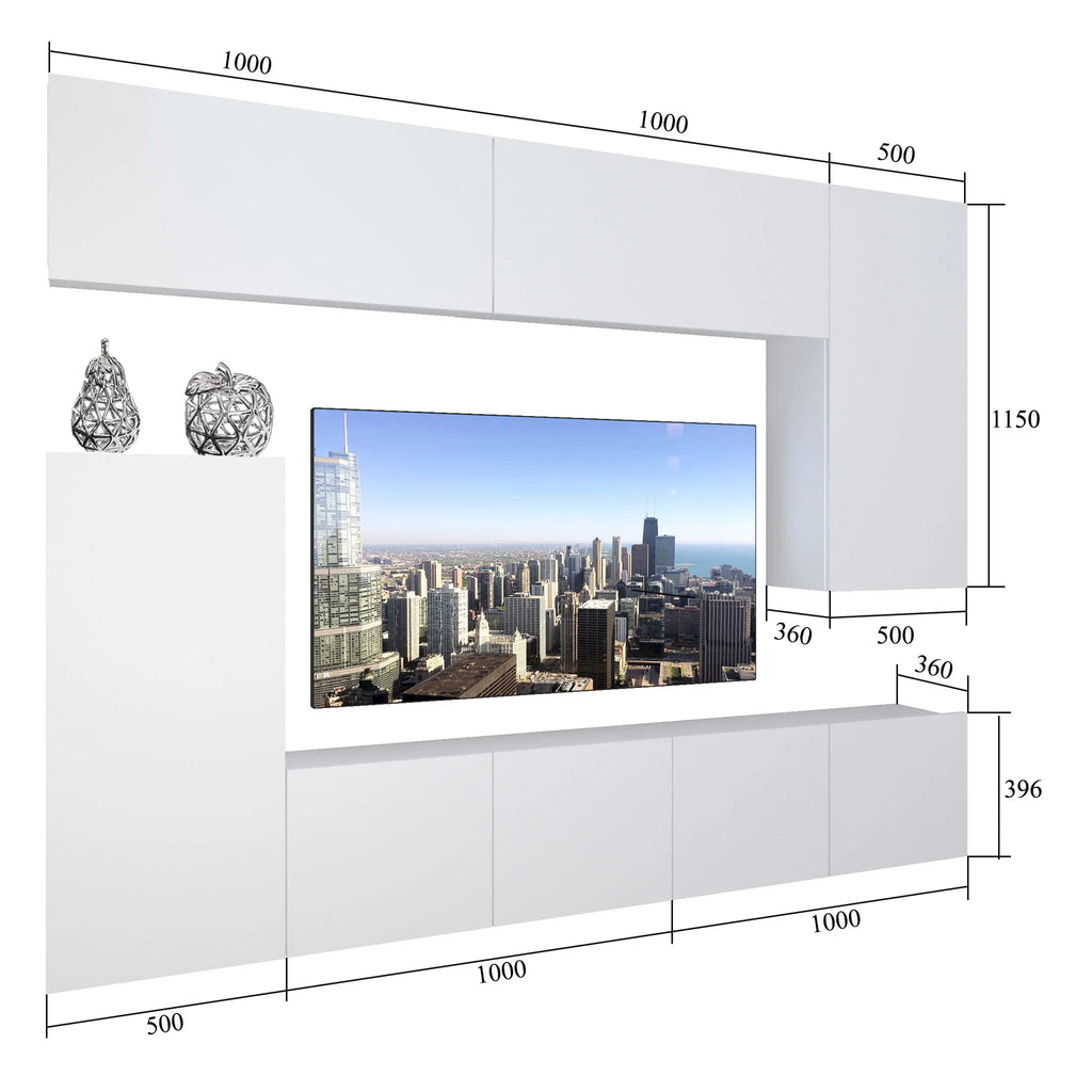 Wohnwand 8W/B mit LED Beleuchtung, Ohne Griffe. Breite 250 cm, Front Farbe wählbar