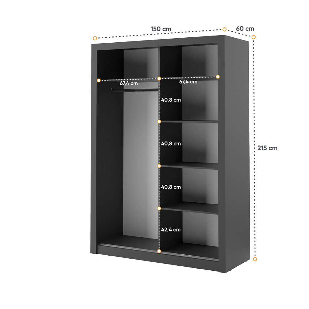 Kleiderschrank A-04, Schwebetürenschrank mit Spiegel. Breite 150 cm. Farbe wählbar