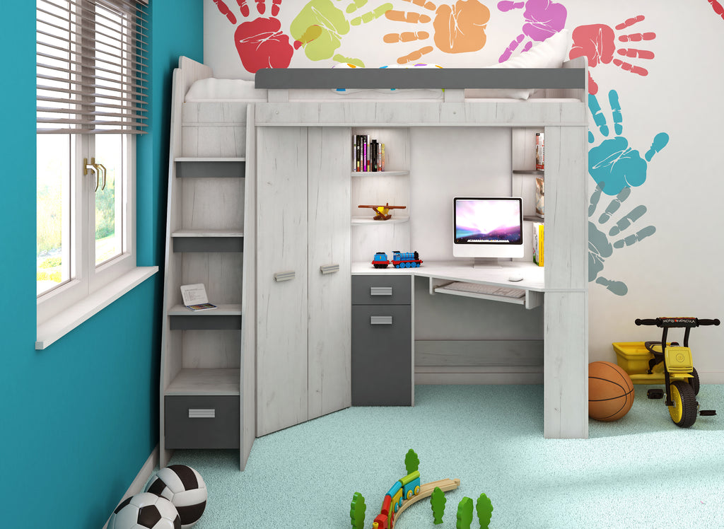Etagenbett ANT-L mit funktionaler Treppe links, Eckkleiderschrank und Schreibtisch