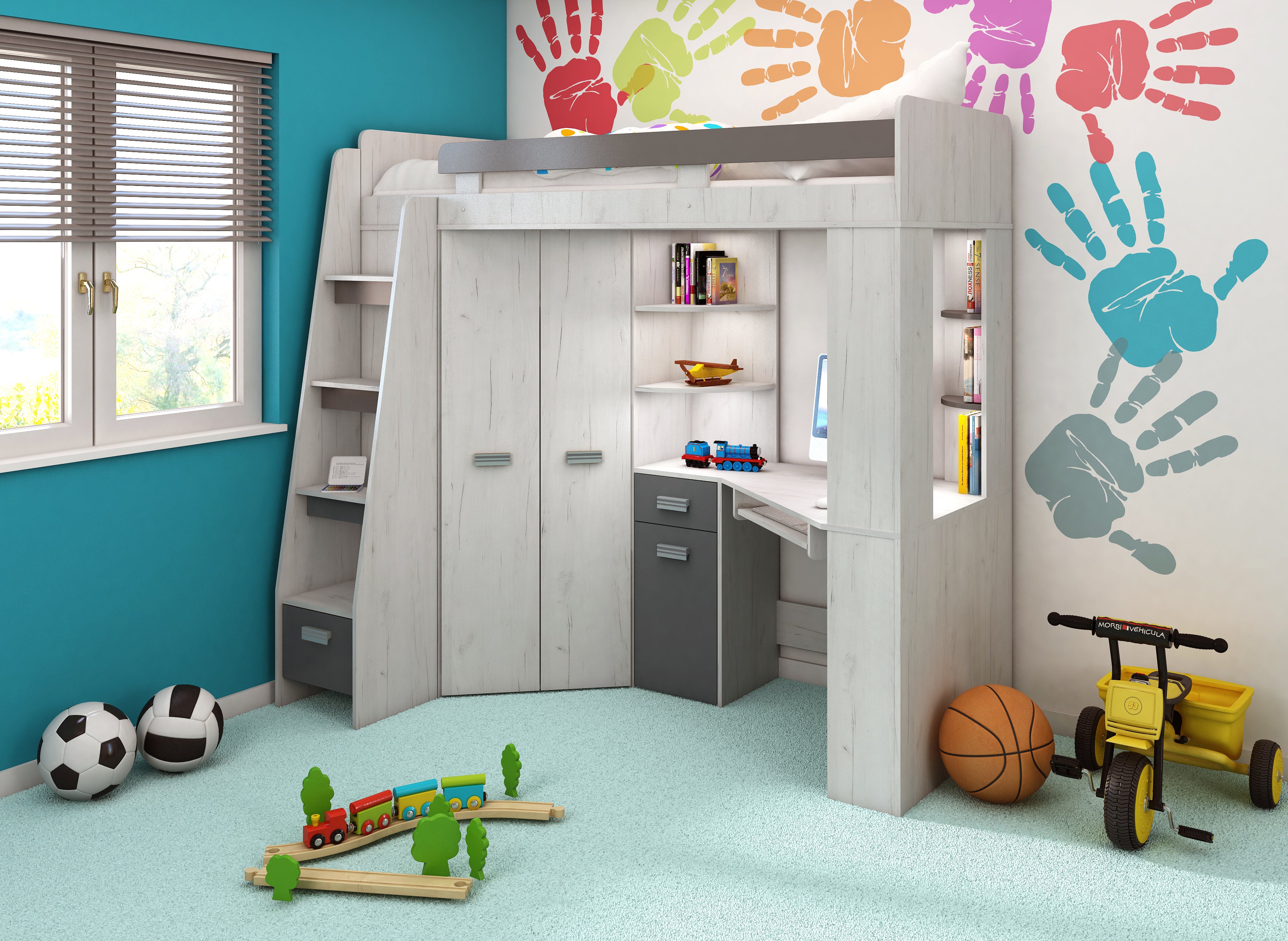 Etagenbett ANT-L mit funktionaler Treppe links, Eckkleiderschrank und Schreibtisch