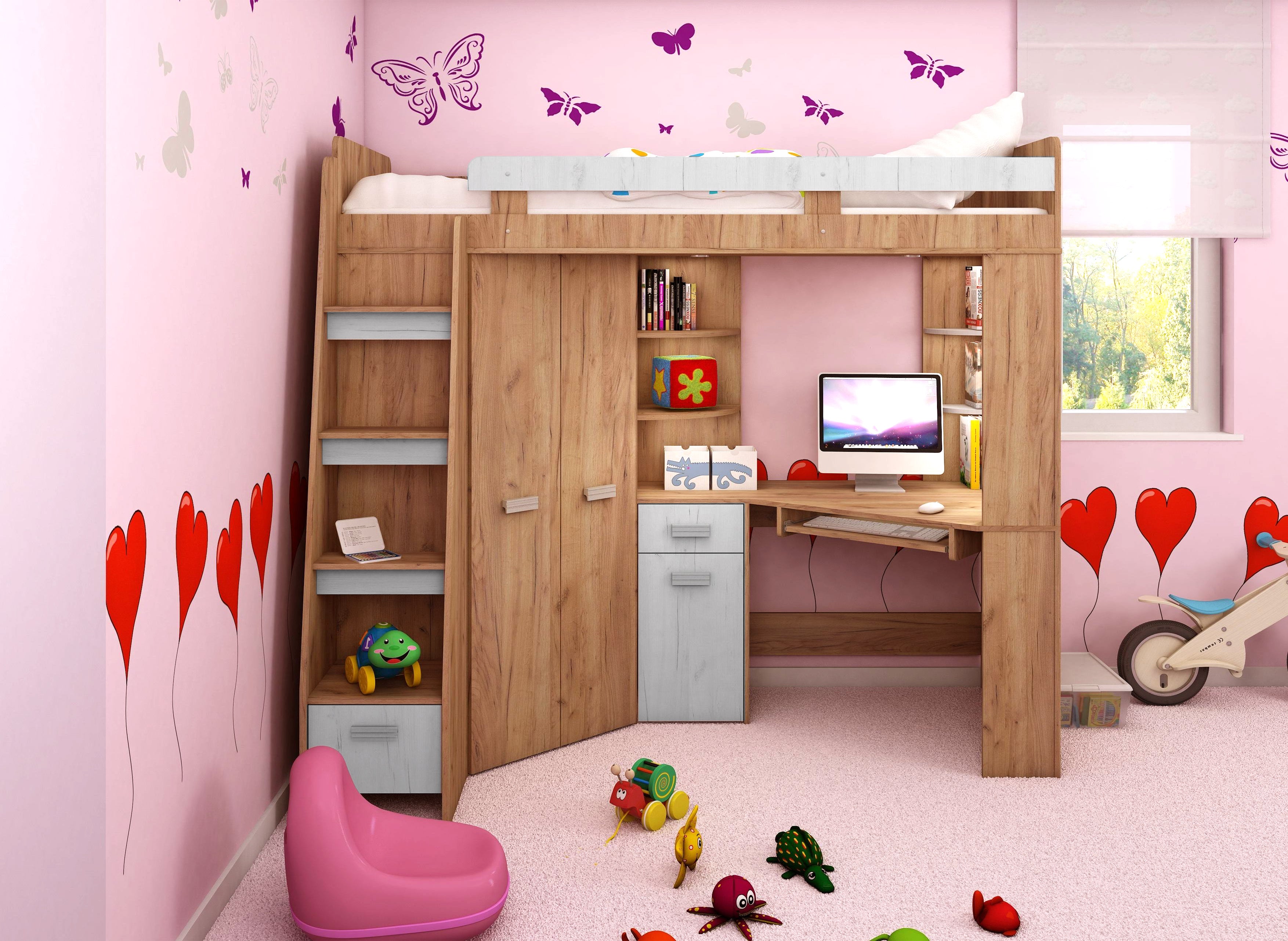 Etagenbett ANT-L mit funktionaler Treppe links, Eckkleiderschrank und Schreibtisch