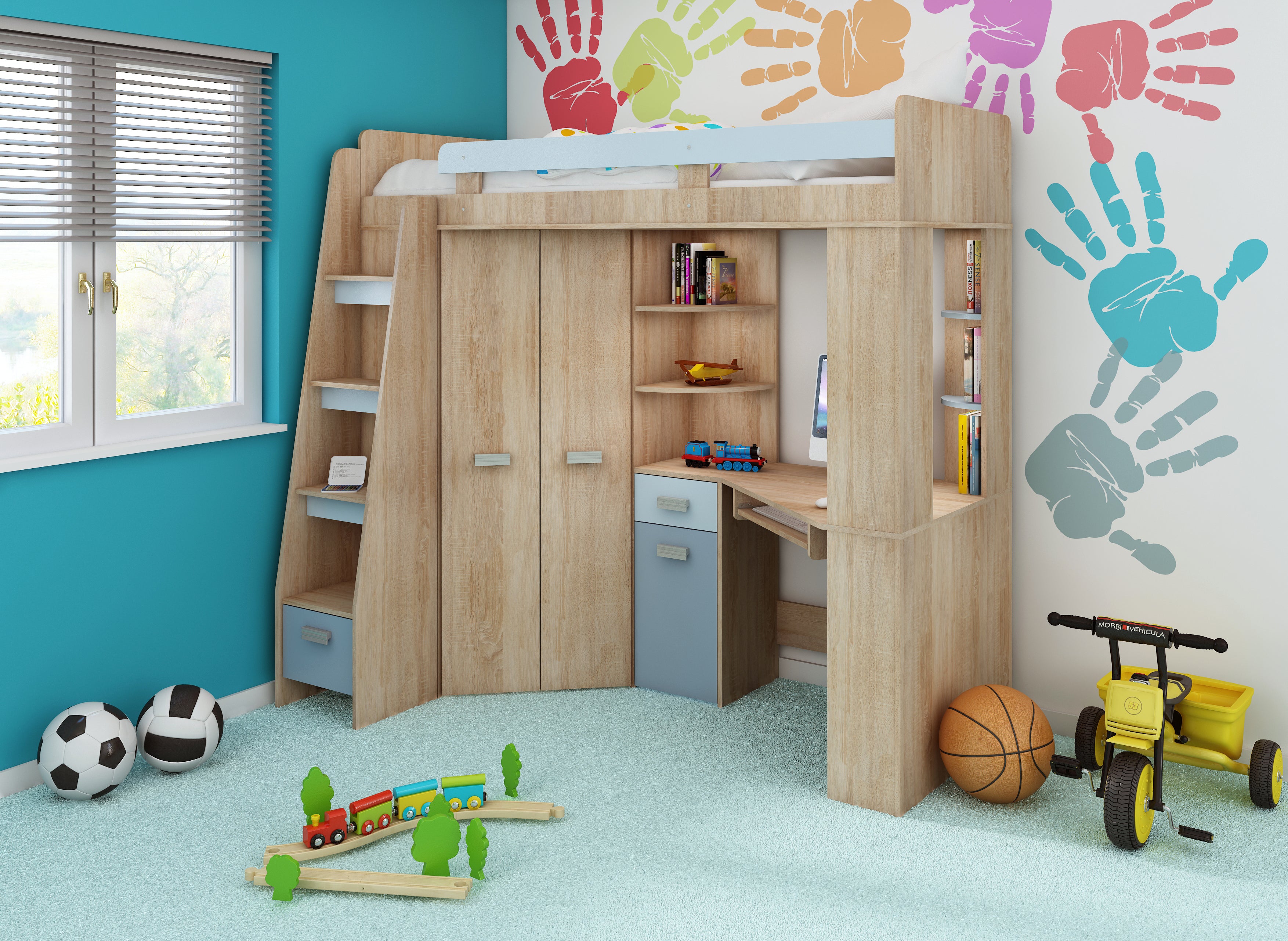 Etagenbett ANT-L mit funktionaler Treppe links, Eckkleiderschrank und Schreibtisch