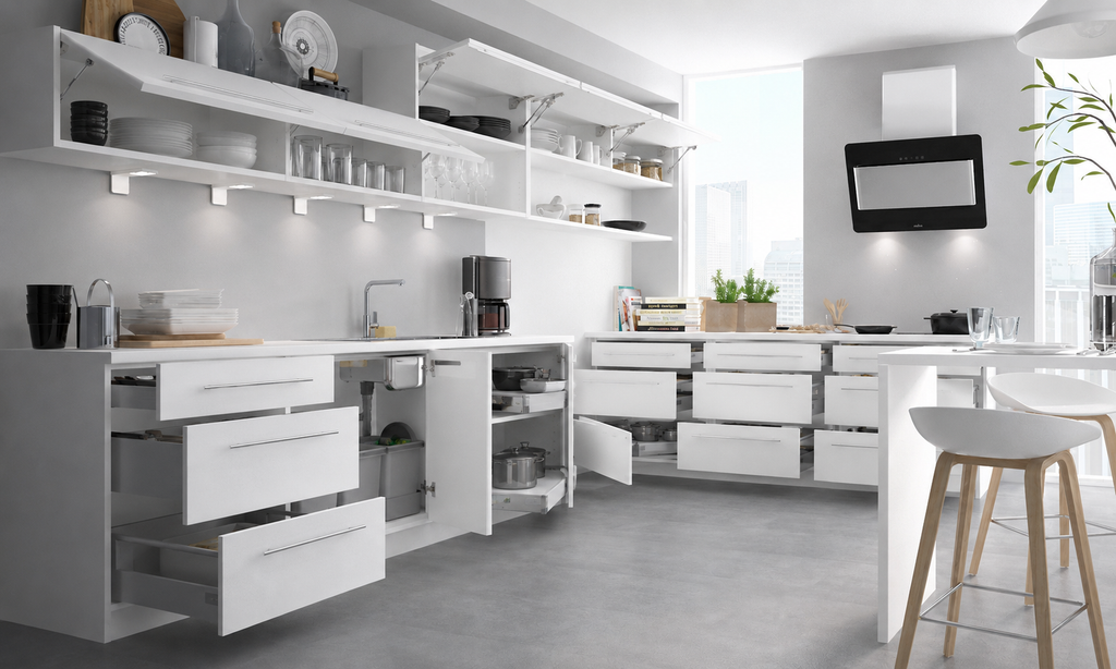Küchenzeile PL8, Breite 260 + 240cm, Front Hochglanz, Soft Close, mit Arbeitsplatte, Farbe wählbar