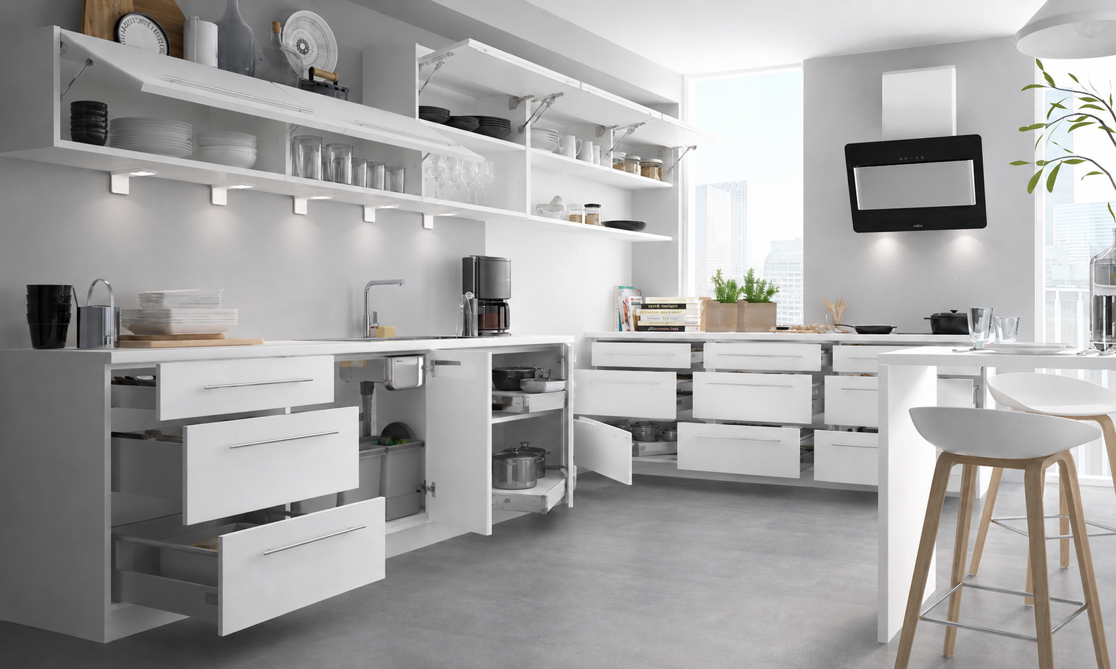 Küchenzeile PL8, Breite 260 + 240cm, Front Hochglanz, Soft Close, mit Arbeitsplatte, Farbe wählbar