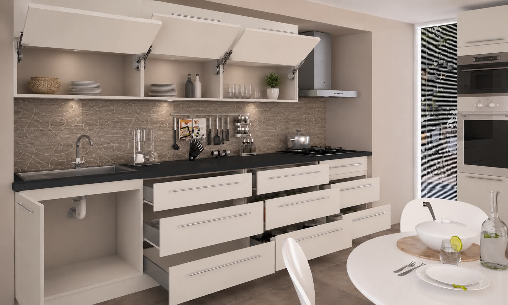 Küchenzeile QU2, 240 + 60cm, mit Arbeitsplatte, Farbe Matt, Soft Close, Farbe wählbar