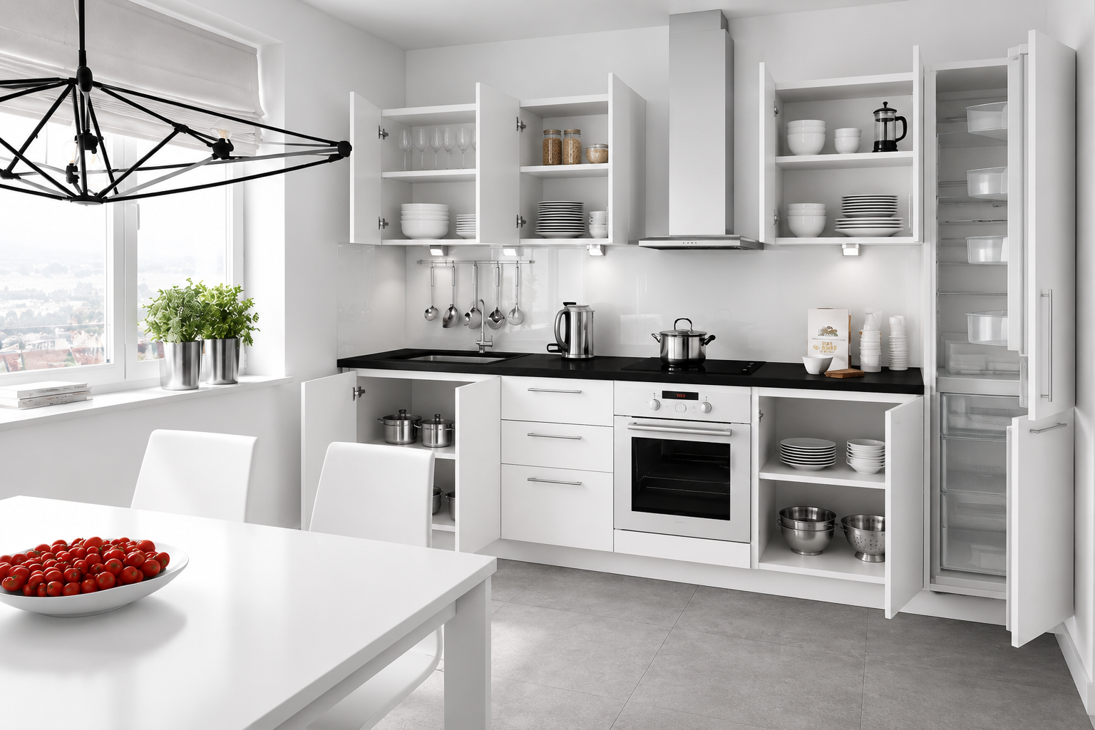 Küchenzeile PL4, Breite 310 cm , mit Arbeitsplatte, Front Hochglanz, Soft Close System, Farbe wählbar