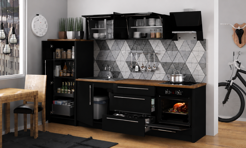 Küchenzeile PL2, Breite 240 cm , mit Arbeitsplatte, Front Hochglanz, Soft Close System, Farbe wählbar