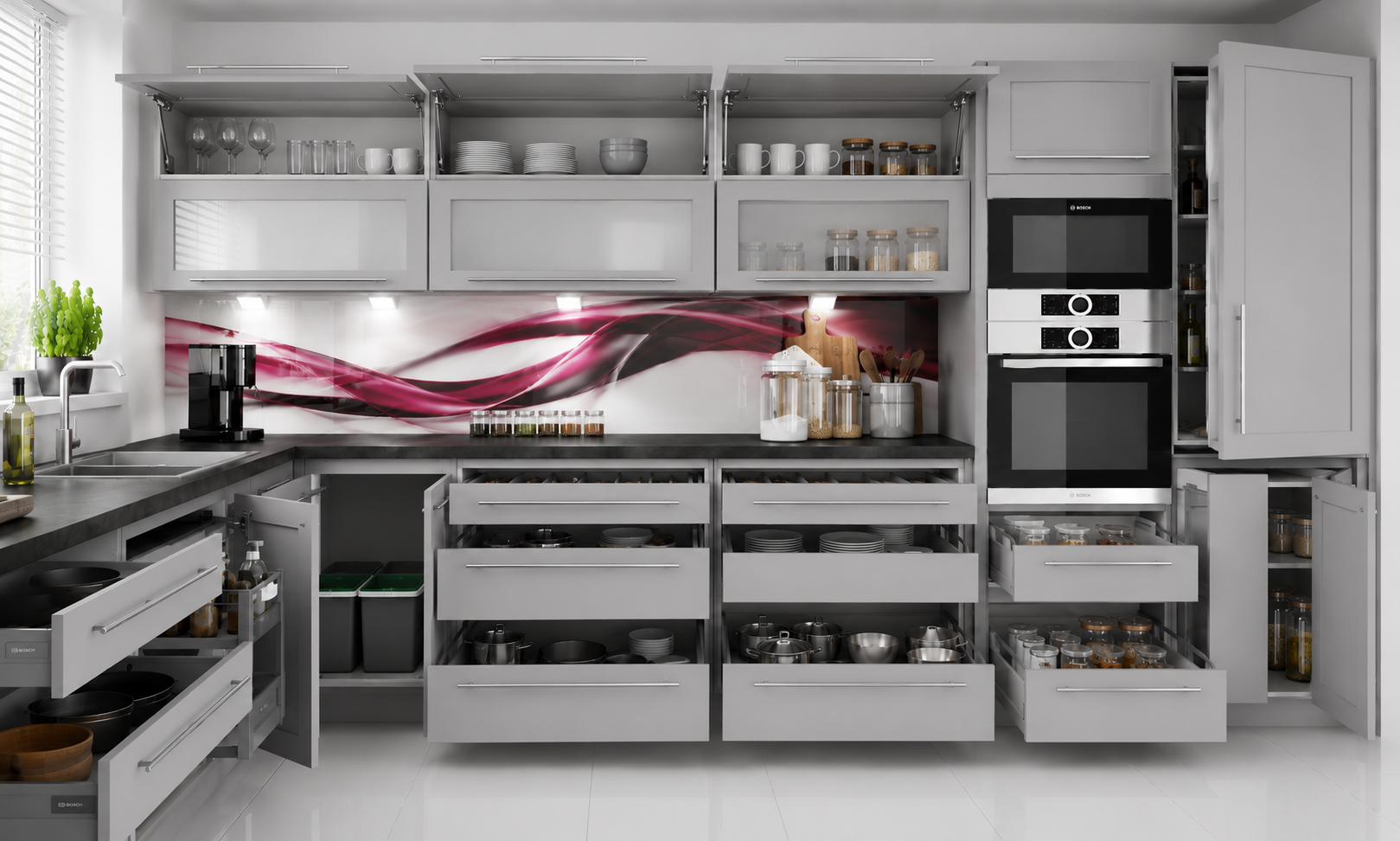 Küchenzeile QU1, L-Form 370x260cm, mit Arbeitsplatte,  Front Farbe Matt, Soft Close System, Farbe wählbar